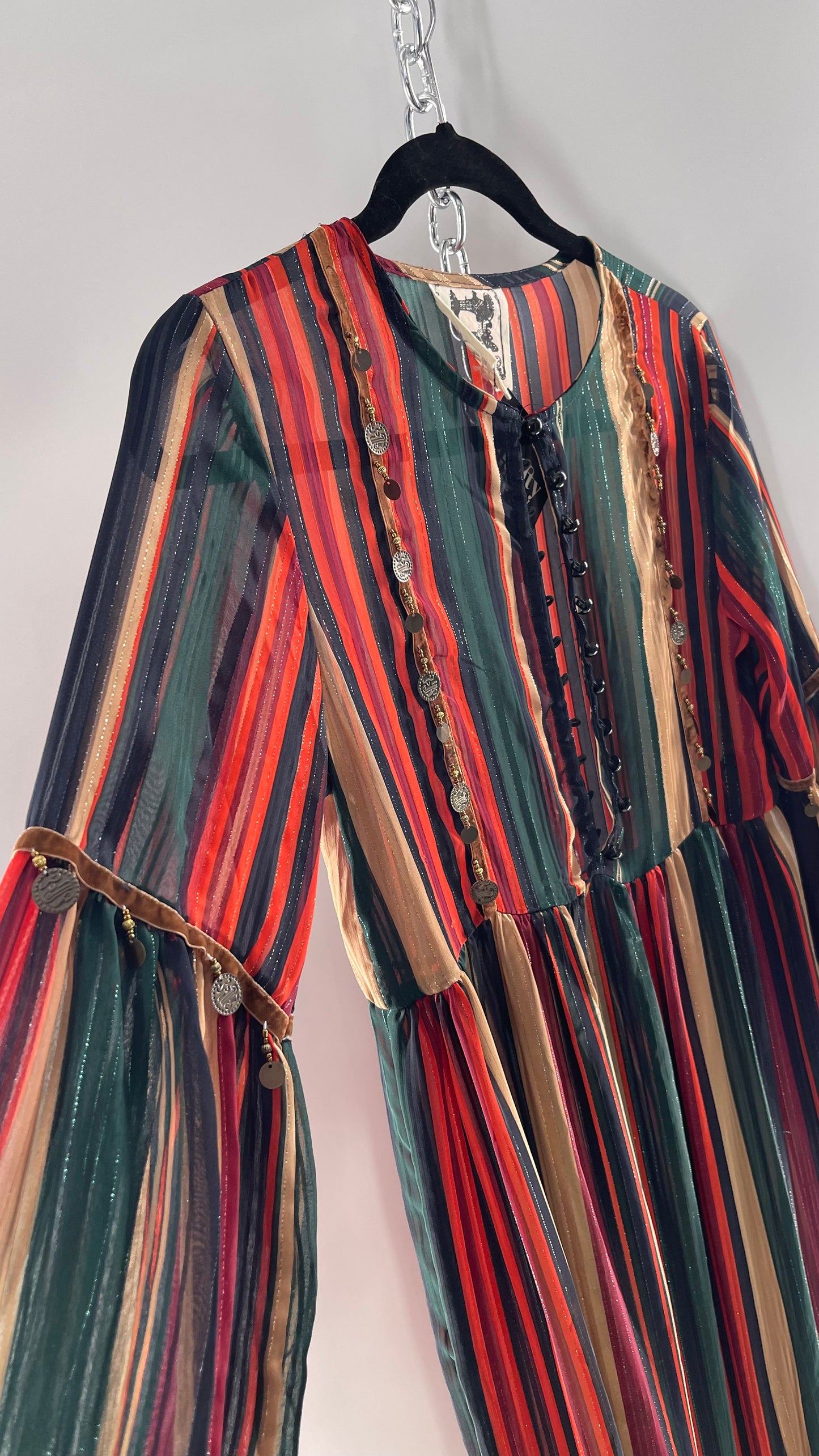 JAASE Striped MIDI Dress with Ruffled Hem, Coin Detailing, Dramatic Button Front Dress (XS)