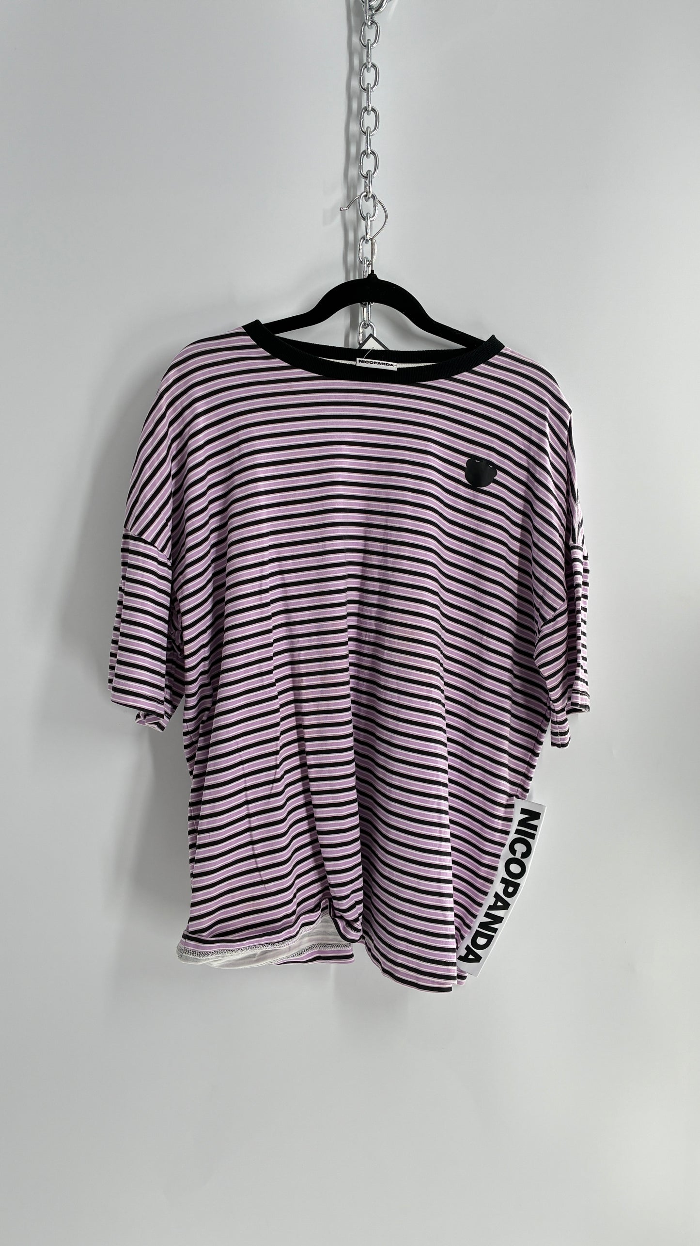 NICOPANDA Purple Black Striped Oversized Boxy T Shirt (Large)