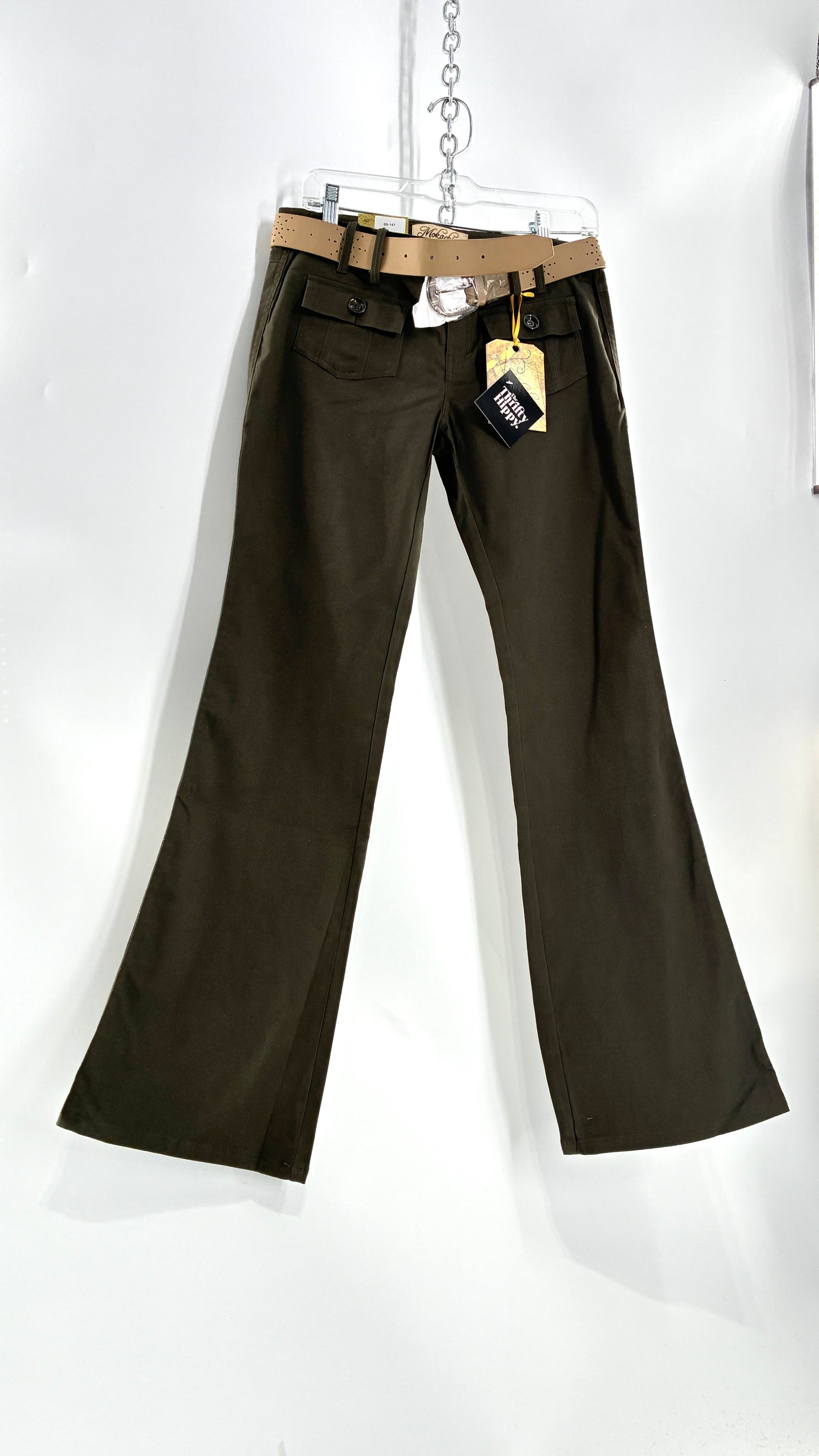 Deadstock Vintage MOKACHINO Olive Green Low Rise Kickflares with Hip/Bum Pockets and Built in Belt (7)
