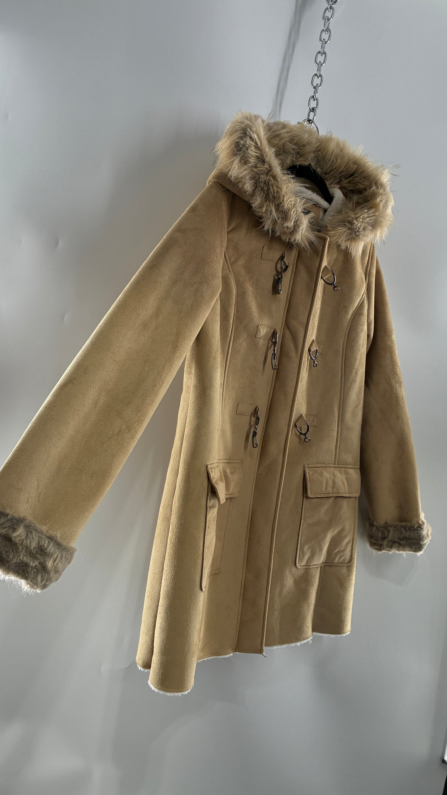 Deadstock Vintage MONROE AND MAIN Vegan Suede Coat with Fur Cuffs and Hood, Tags Attached (Medium)