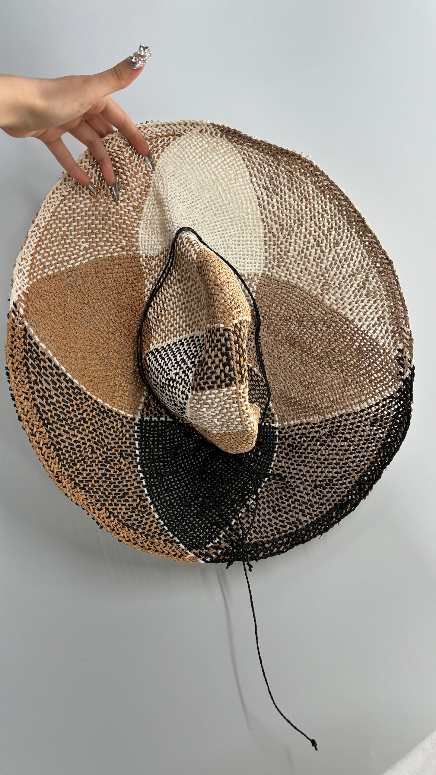 Vintage Oversized Straw Color Block Neutral Sun Hat
