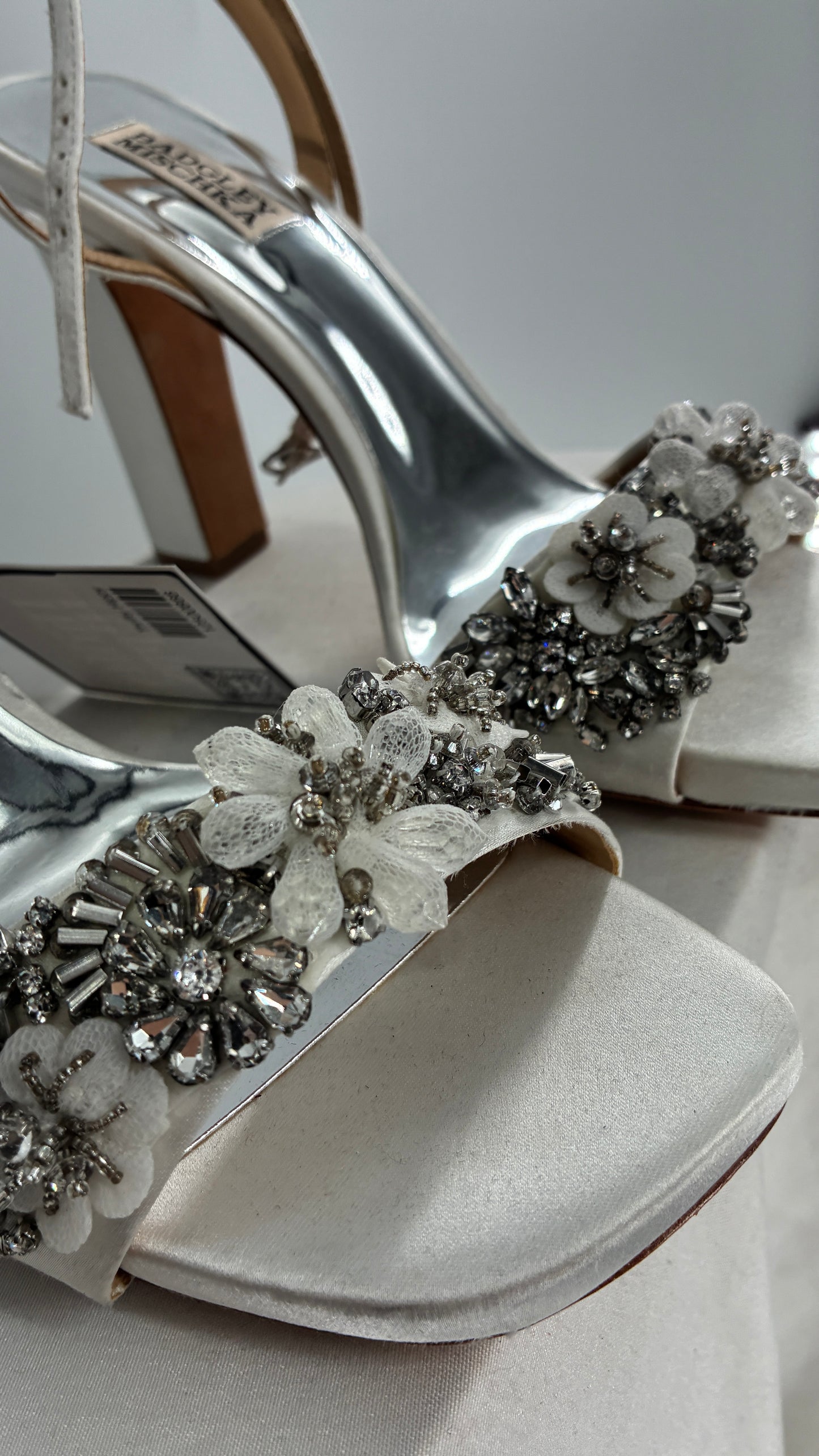 BADGLEY MISCHKA White Square Toe Embellished Florals Heels (9.5)
