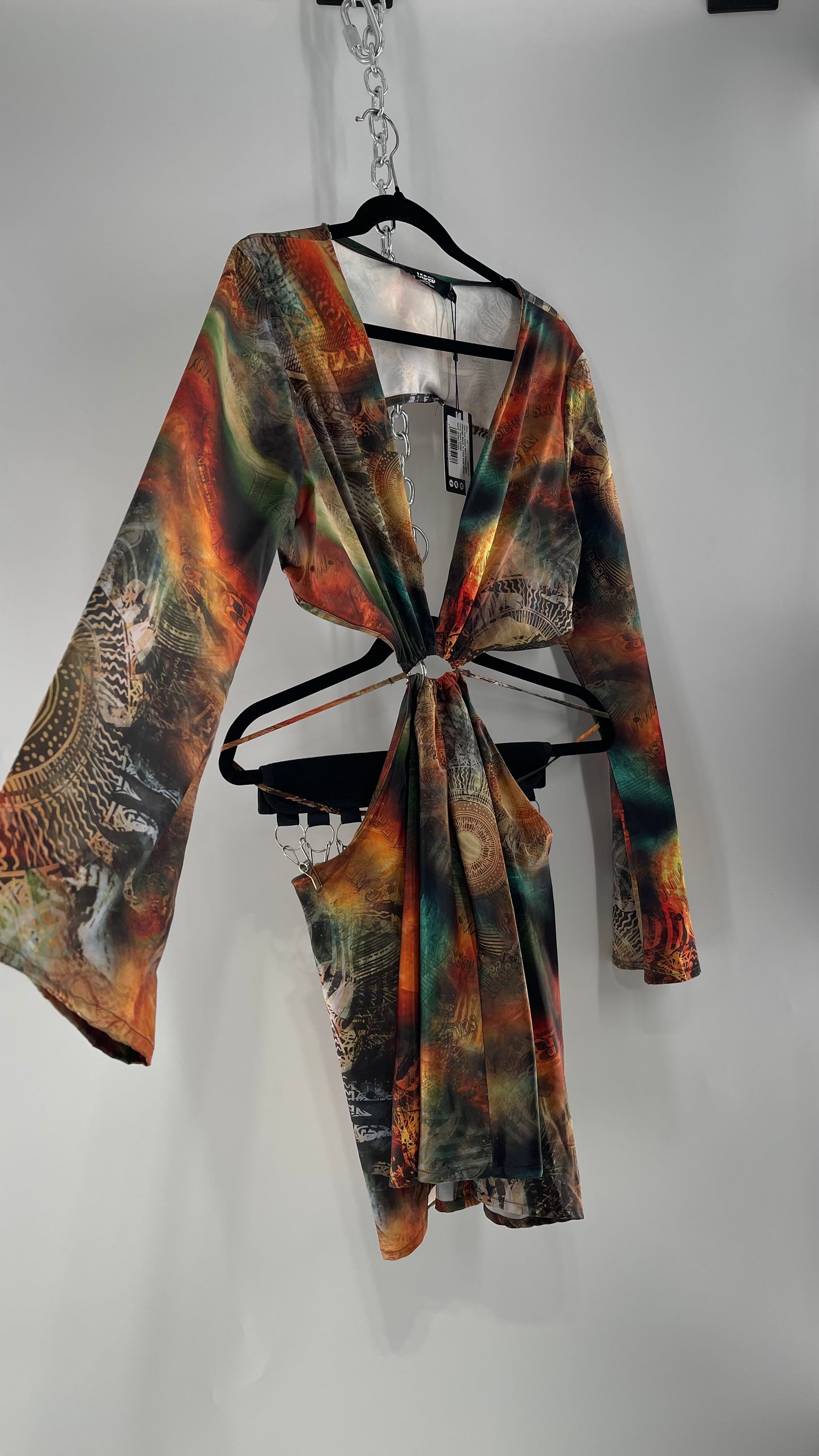 Jaded London Graphic Green, Orange, Yellow Dress with Bell Sleeves, Cut Out Waist and Straps (10)