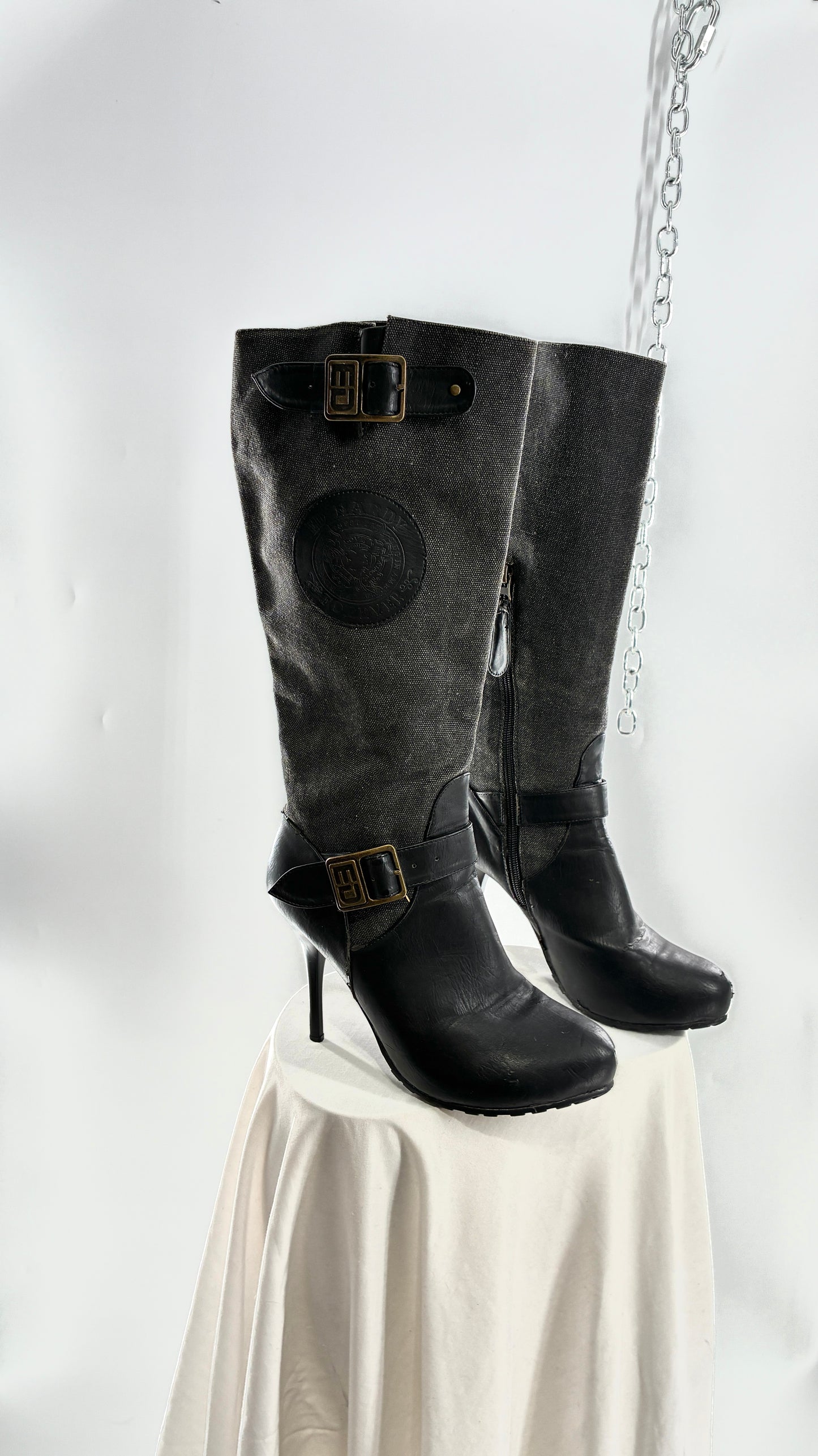 Vintage ED HARDY Stiletto Boots with Embossed Buckles and Badges (9)