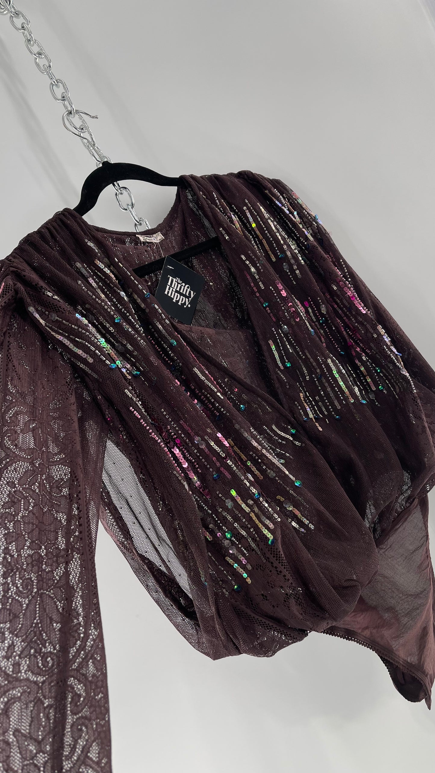 Intimately Free People Plum Mesh Bodysuit with Lace Sleeves and Beaded/Sequined/Embellished Body (Medium)