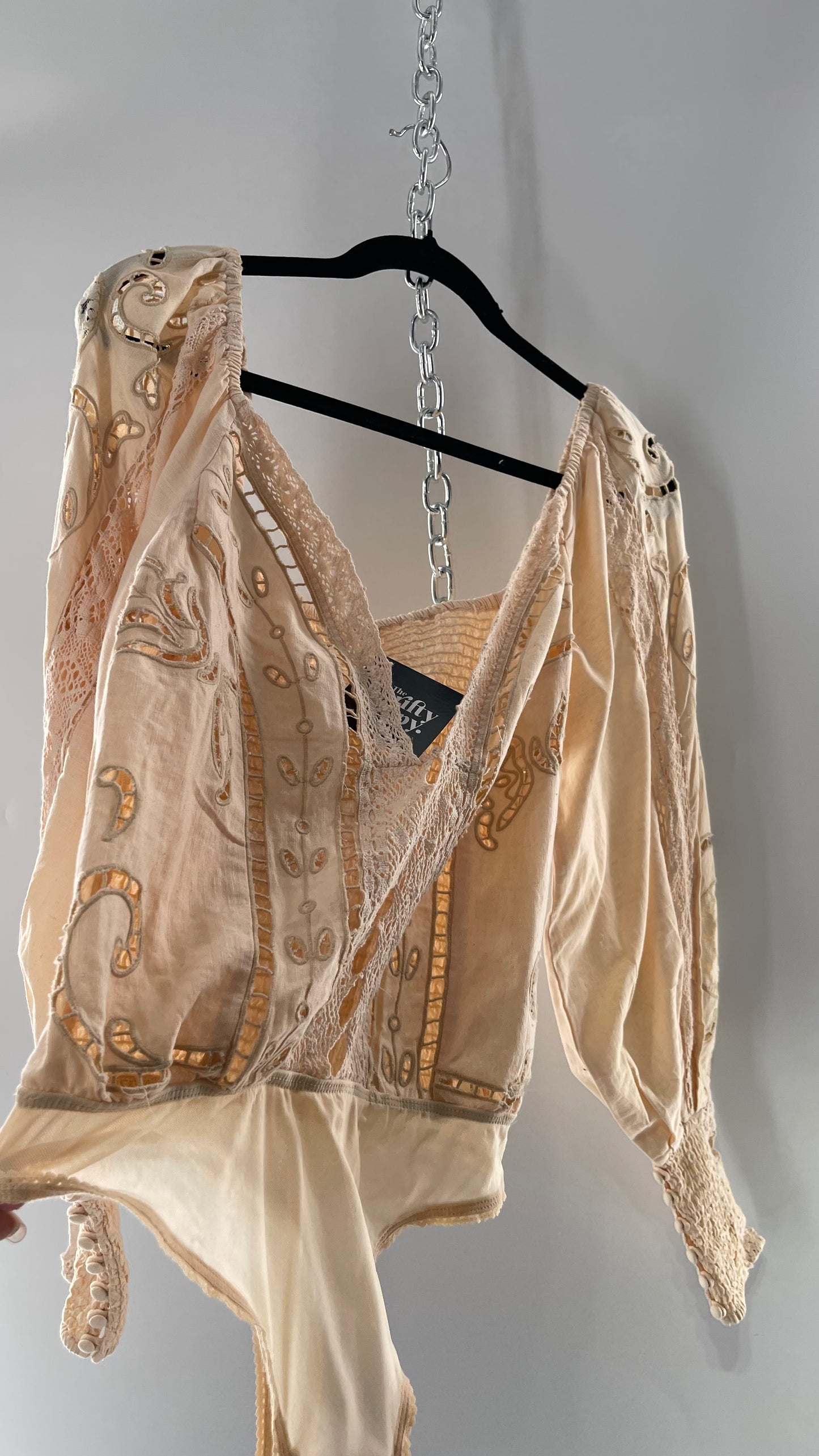 Free People Off White Cotton Bodysuit with Embroidered Lace Balloon Bishop Sleeve and Smocked, Buttoned Cuffs (Large)