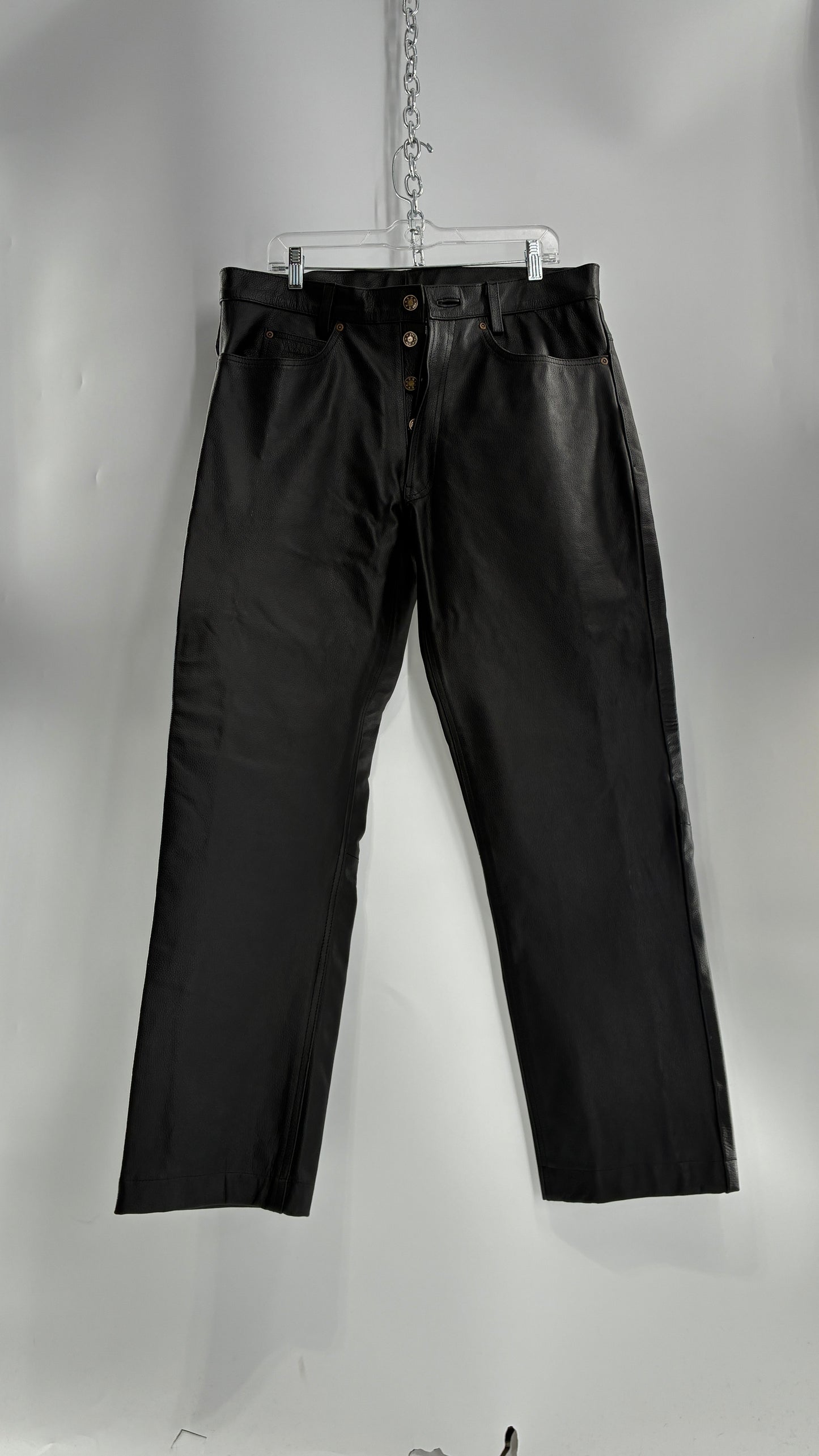 Vintage Button Front, French, Black, Thick Genuine Leather Pants (36)