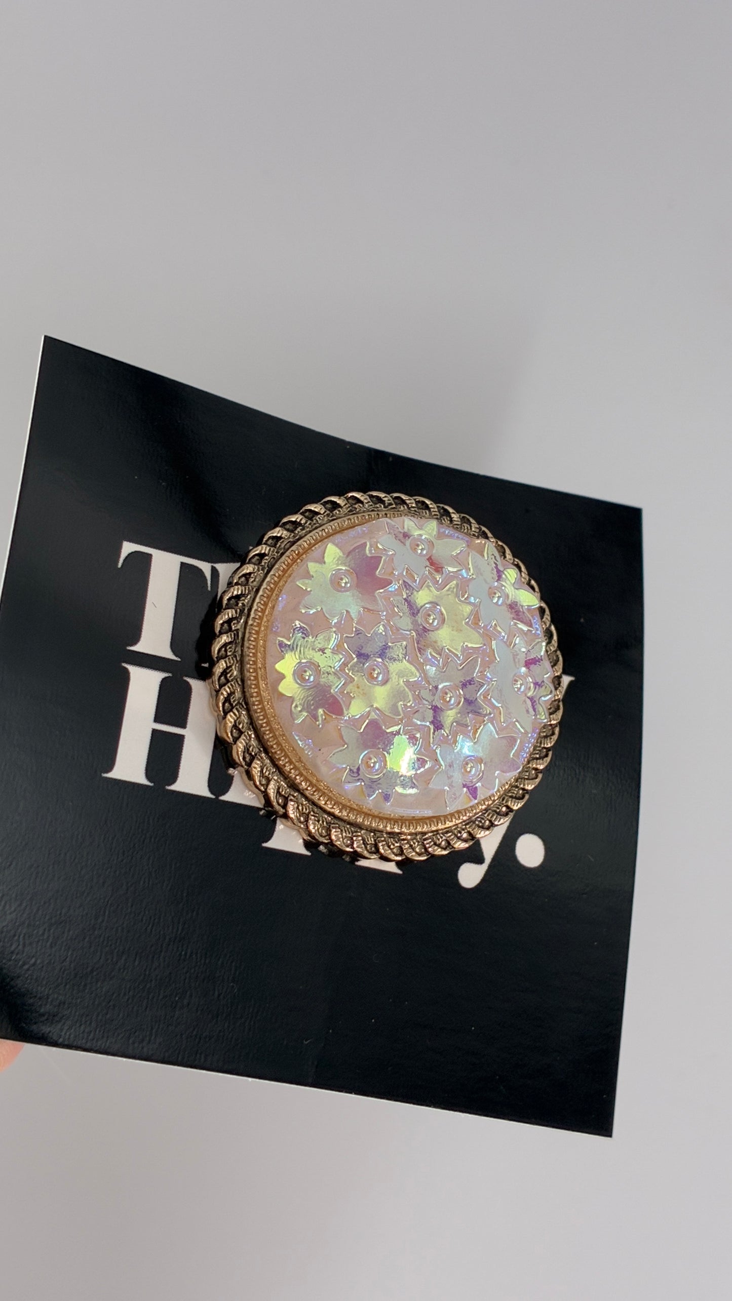 Vintage Scarf Ring Loop with Gold Metal Border and Iridescent Flowers