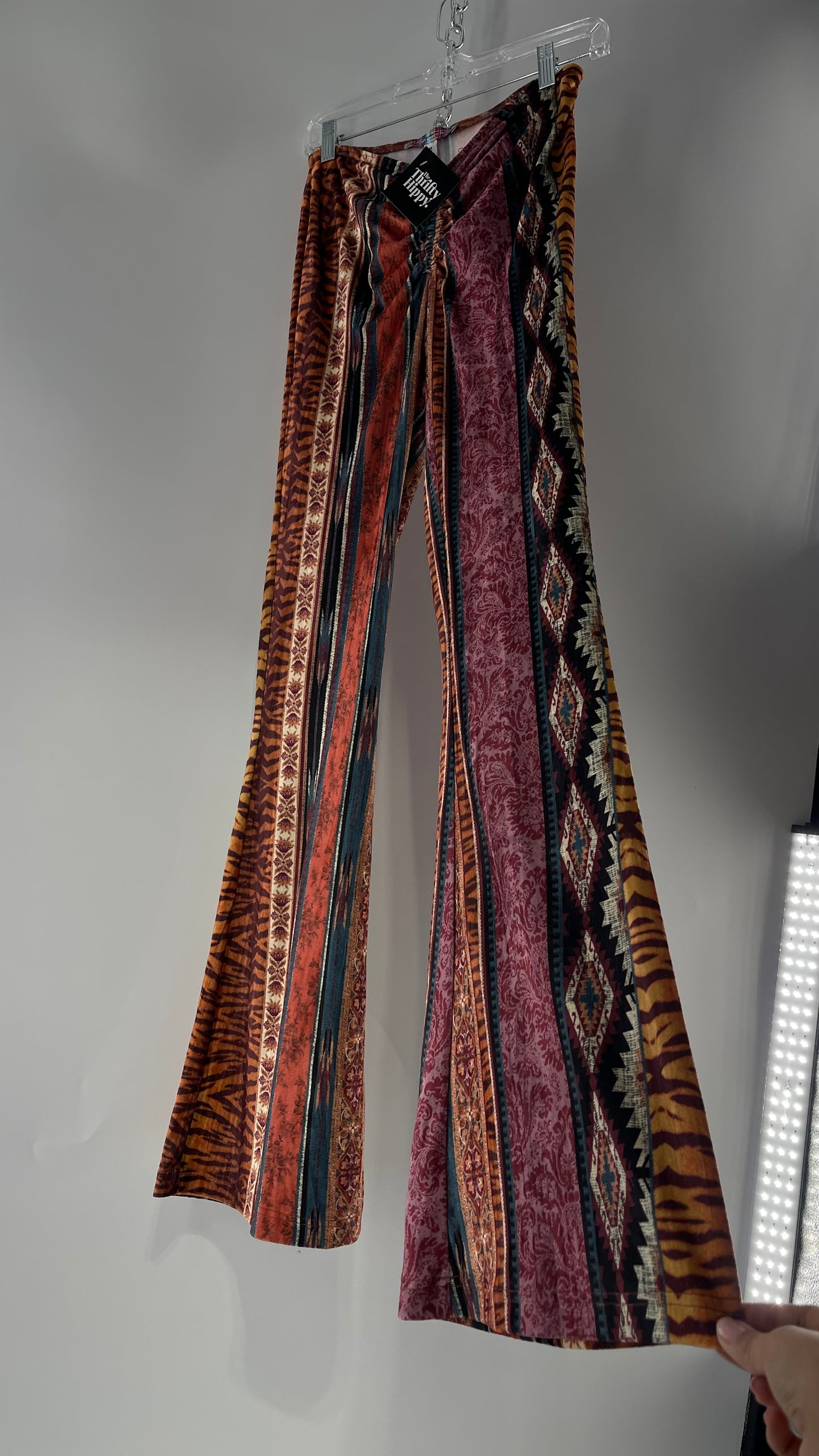 Urban Outfitters Velvet Scrunch Front Maroon Mixed Pattern Flared Bell Bottoms (Medium)