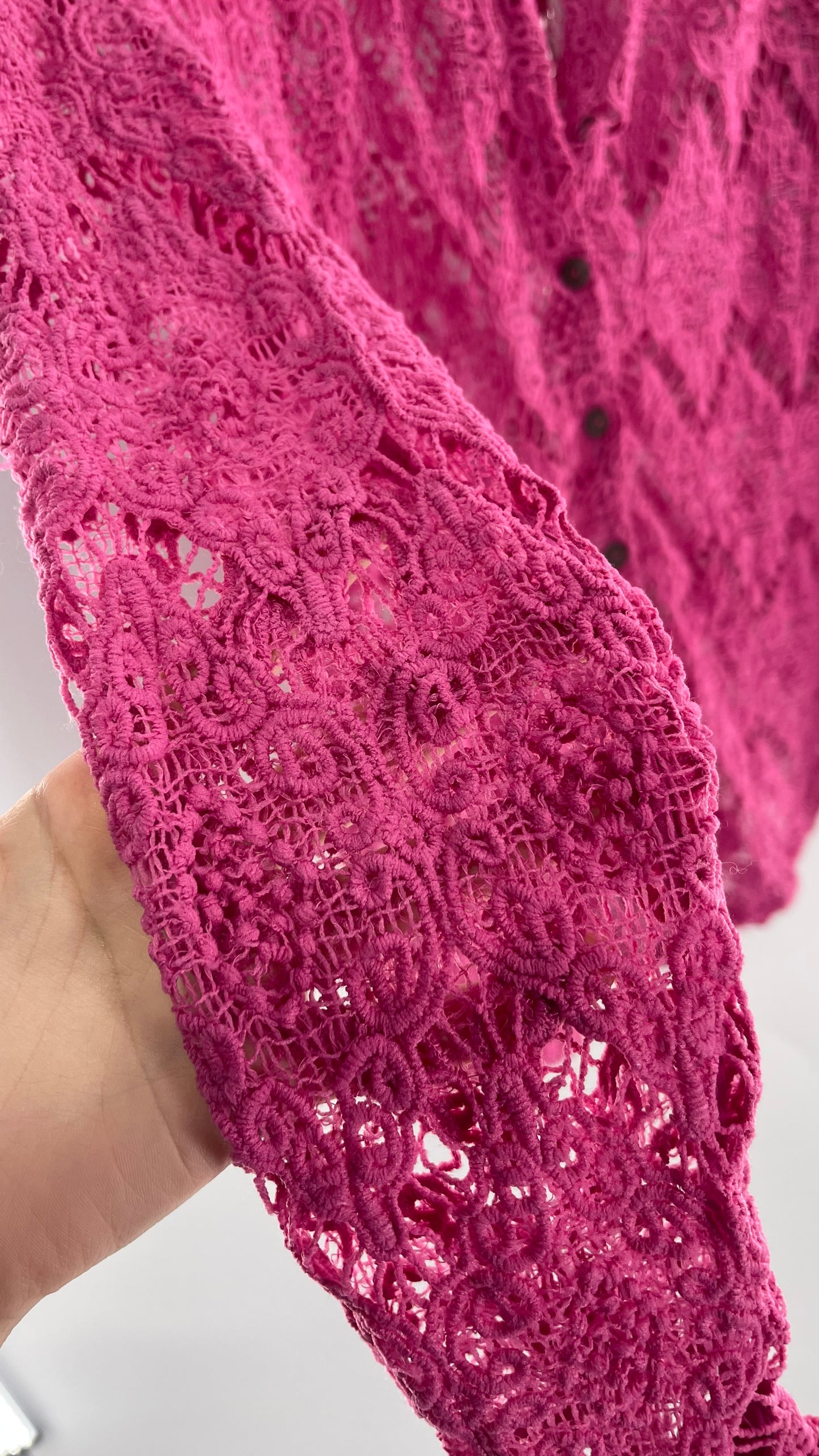 Free People Until Sunday Fuchsia Purple/ Pink Thick Lace Button Front Blouse with Coconut Buttons (XS)