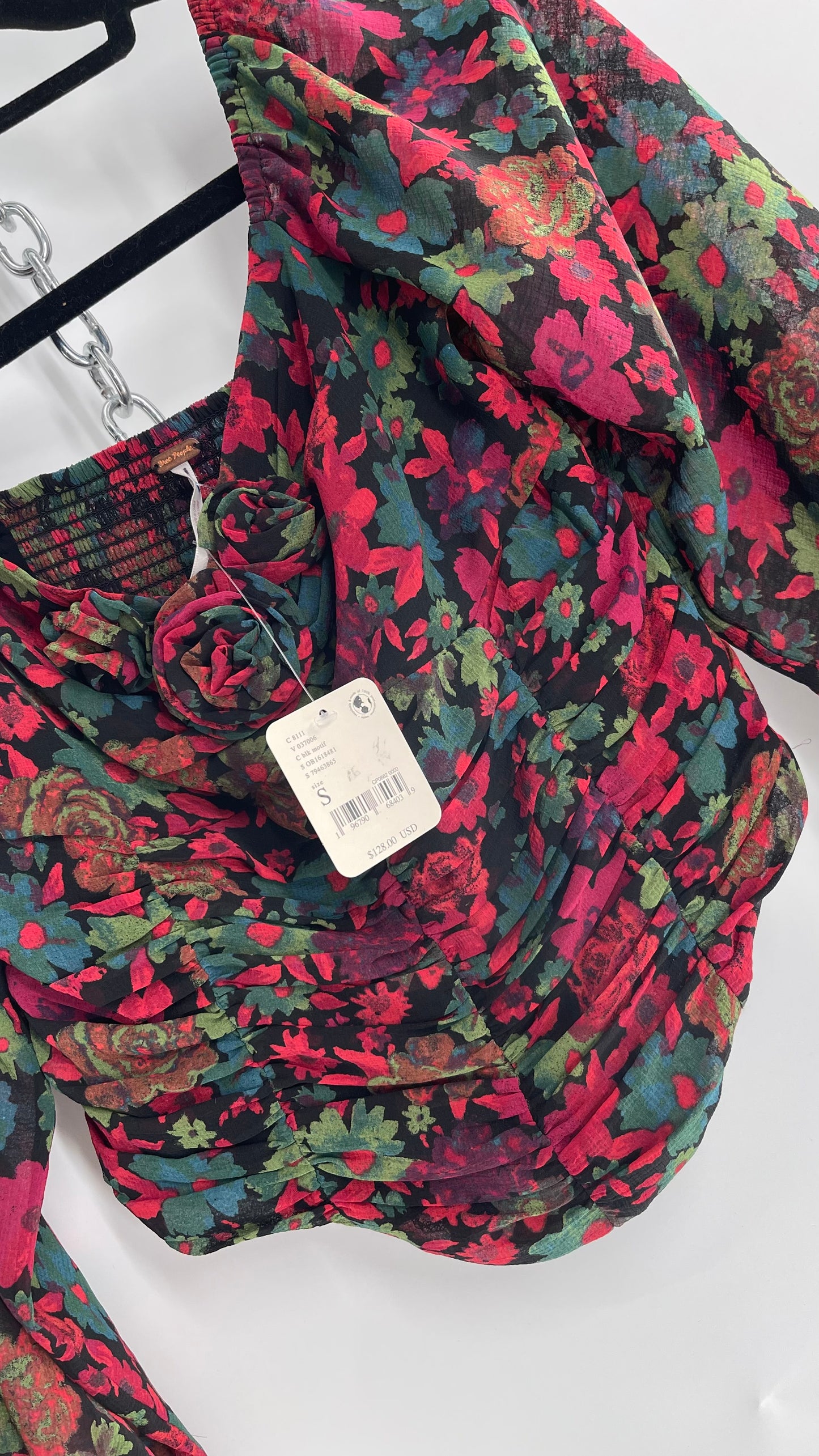 Free People Cropped Floral Blouse with Ruched Body, Balloon Sleeves and Appliqué Rosette Bustline with Tags Attached (Small)