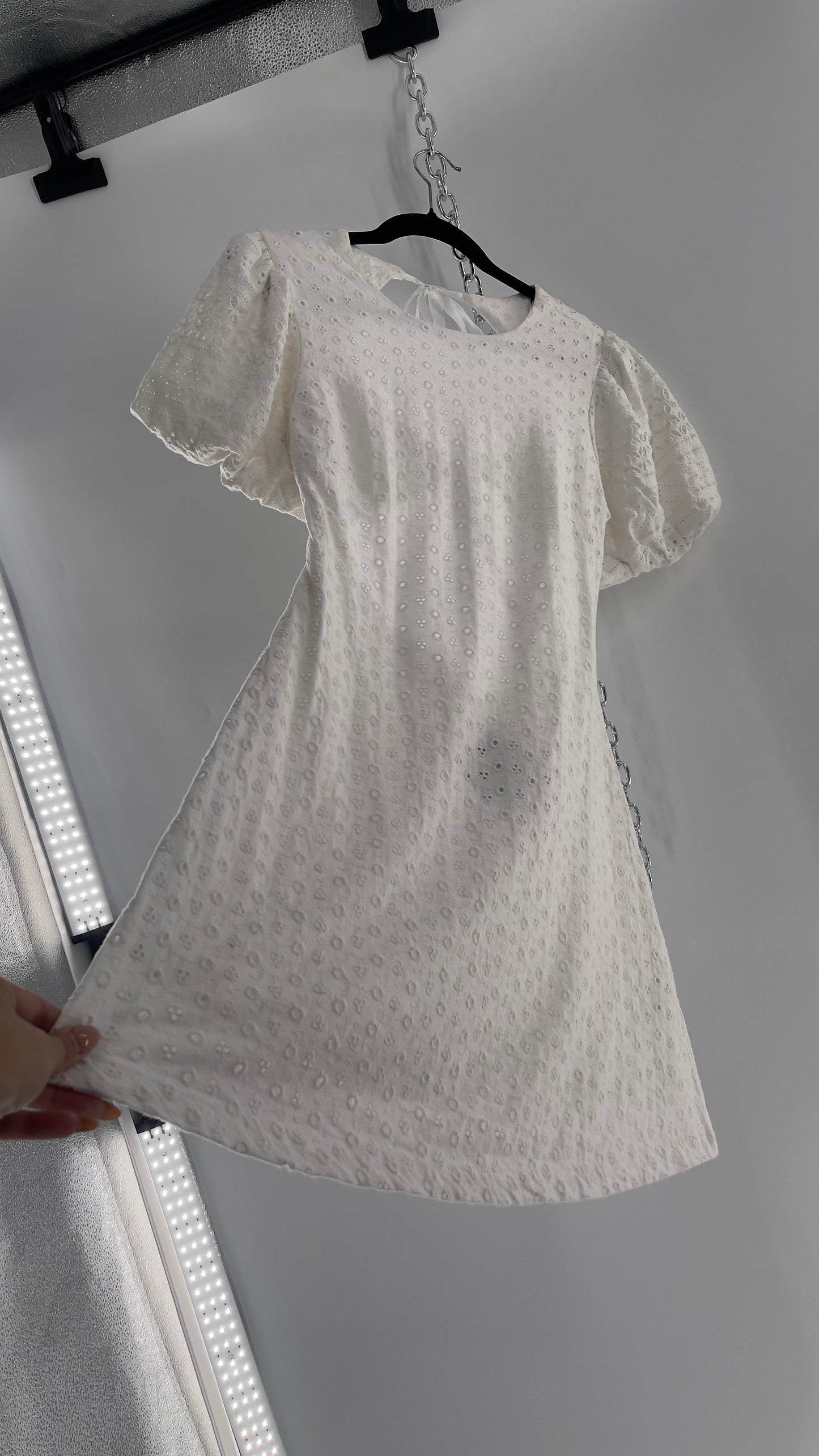 Free People White Eyelet Mini Dress with Puff Sleeve and Open Back (XS)