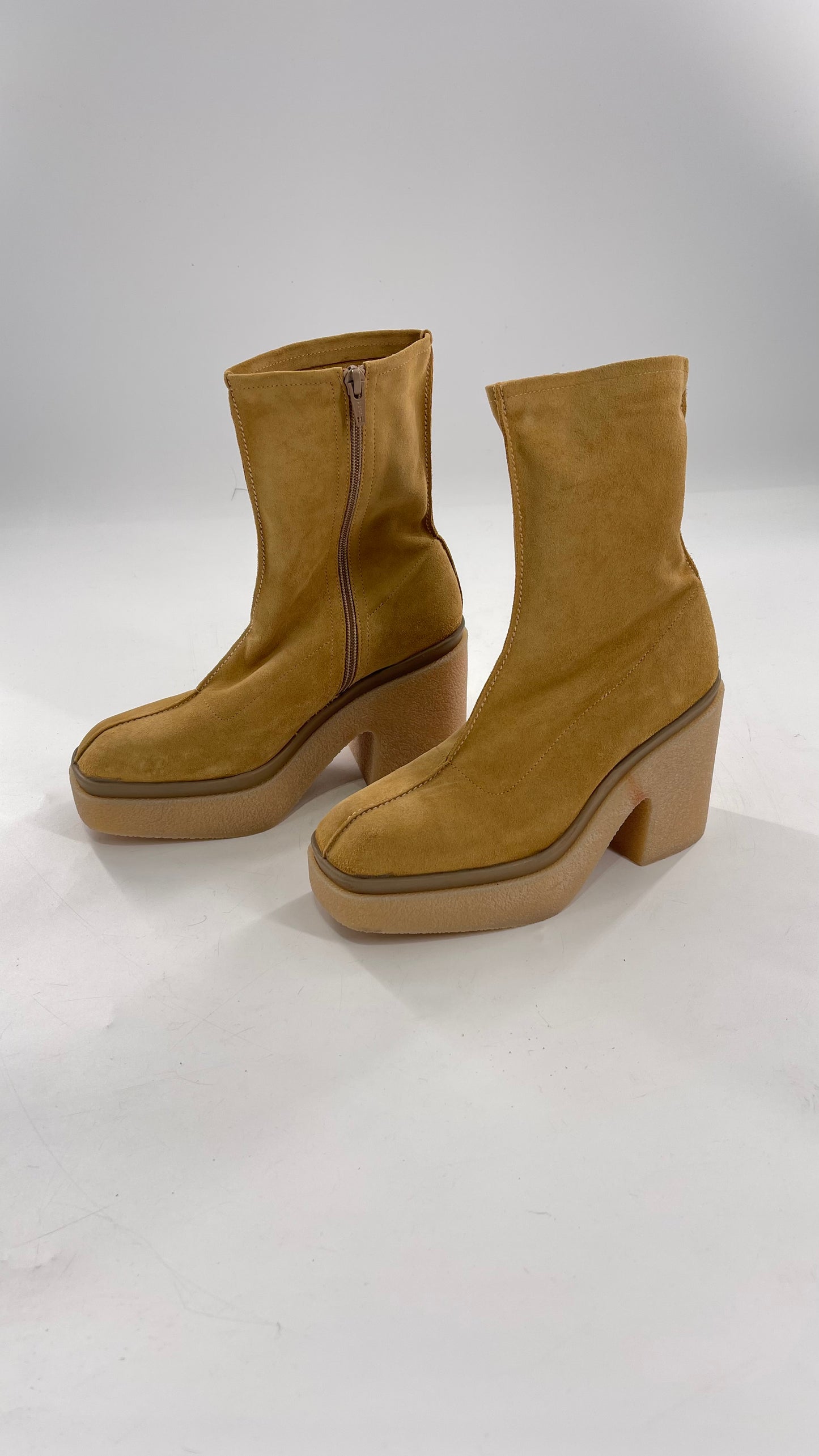 Free People Gigi Tan Suede Ankle Boots with Platform and Chunky Rubber Heel (38.5)