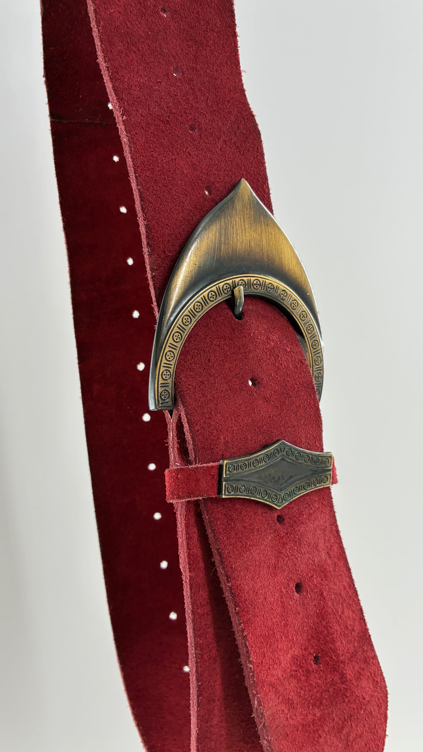 Genuine Suede Leather Maroon Red Belt w Oversized Engraved Buckle