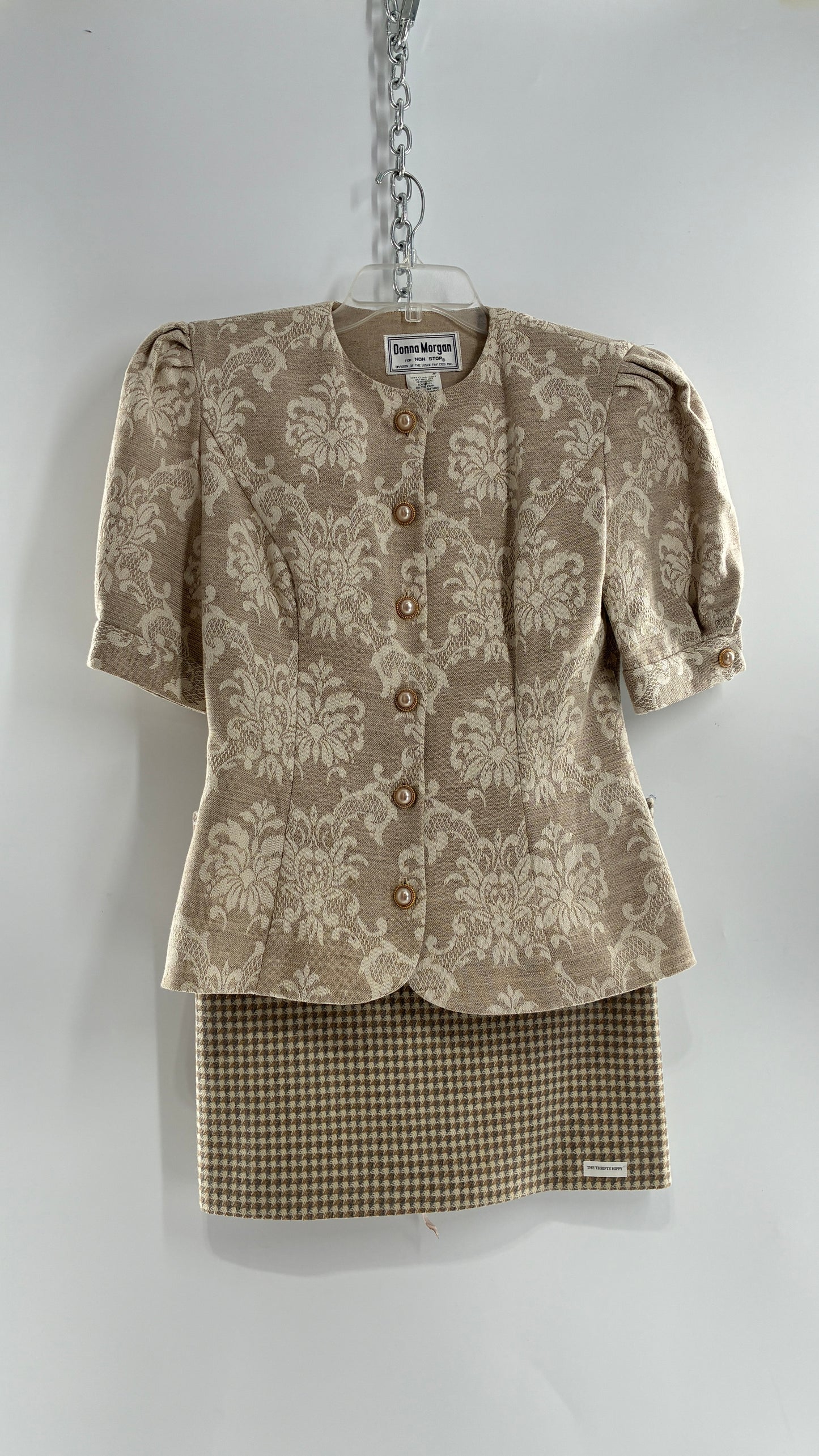 Vintage Suit Set with DONNA MORGAN Jacquard Puff Sleeves Tailored Slim Waist Suit Jacket with Upcycled Woven Mini Skirt (6)
