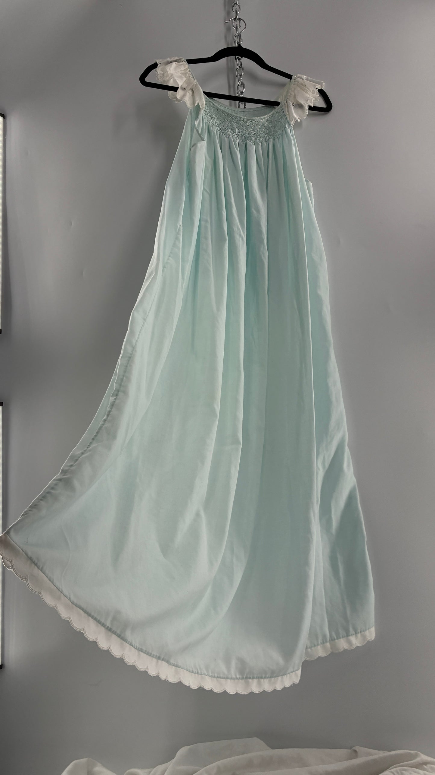 Vintage Baby Blue Nightgown Maxi with White Scalloped Lace Straps and Hem (Medium)