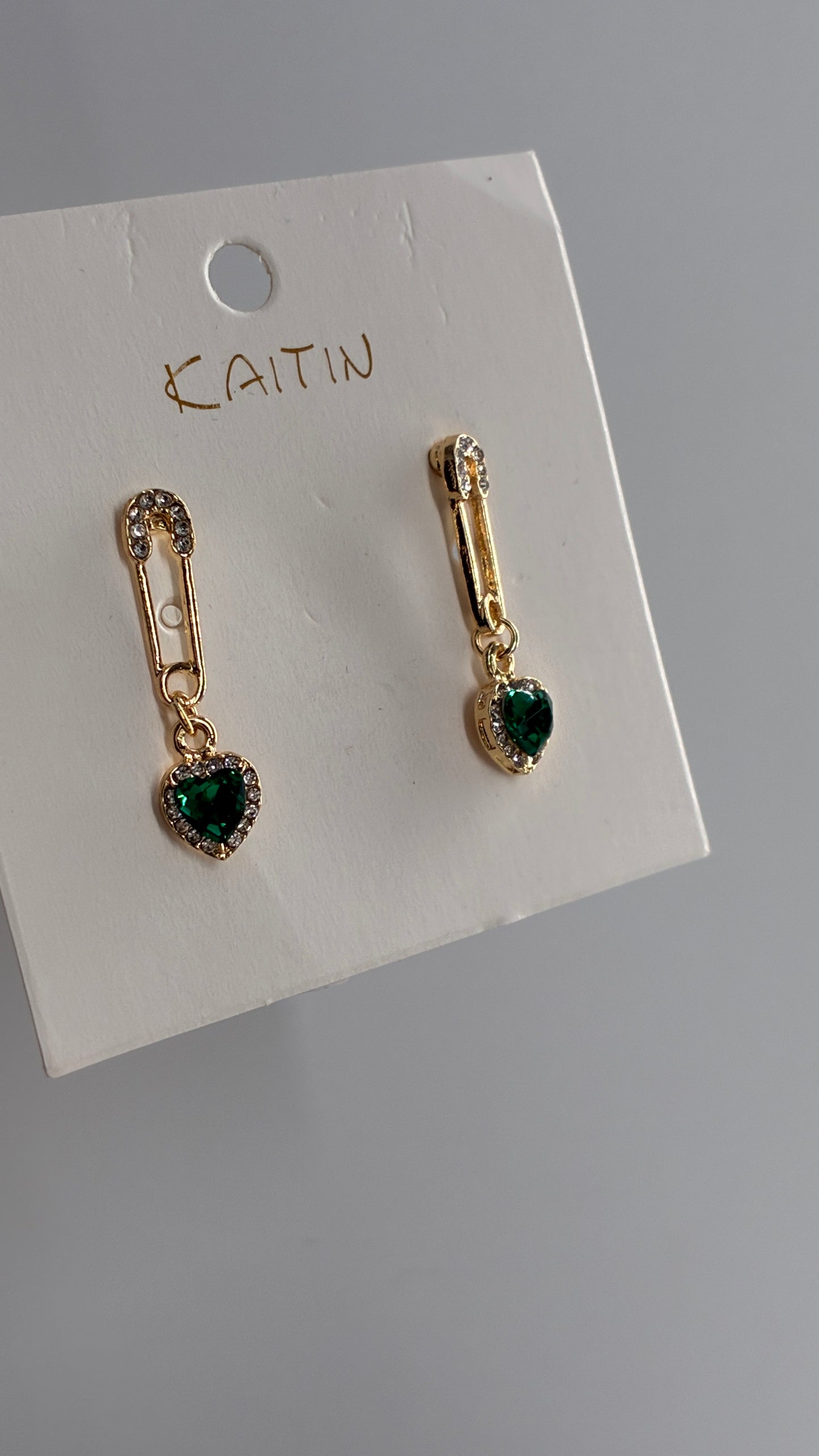 Gold Safety Pin Earring with Green Heart Stone Pendent