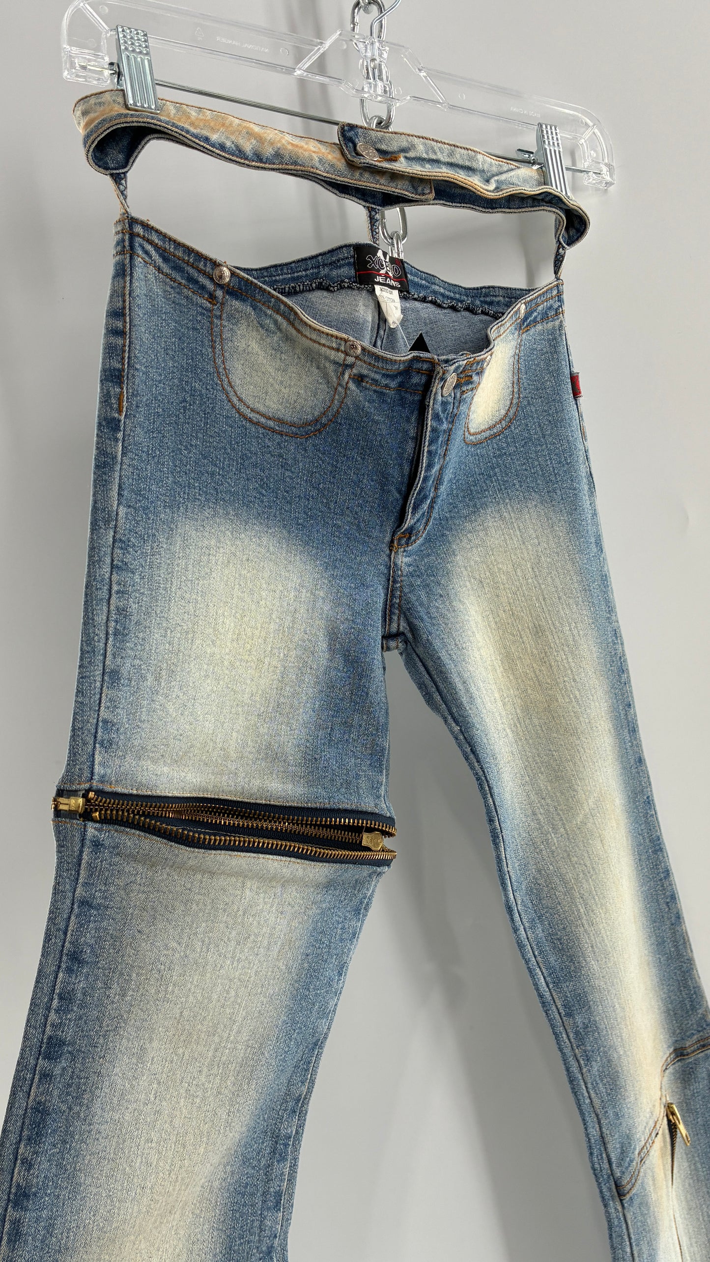 Vintage XCESO JEANS Rare Faded Double Waistband Kickflare Jeans with Functional Zipper Details (Medium*)