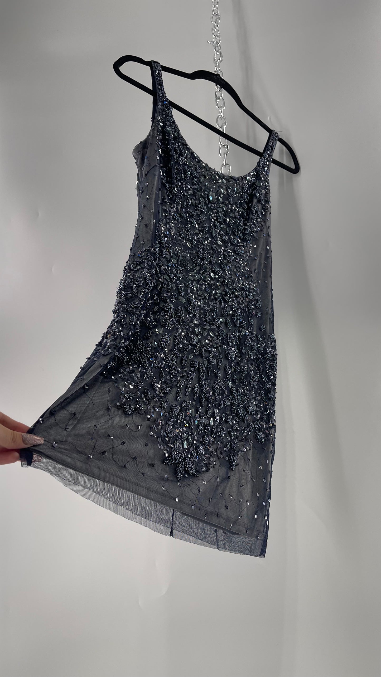 Vintage Cache Moonlight Grey/Navy Blue Tunic Mini Dress with Accentuating Placement of Beads, Sequins and Embroidery Details (2)