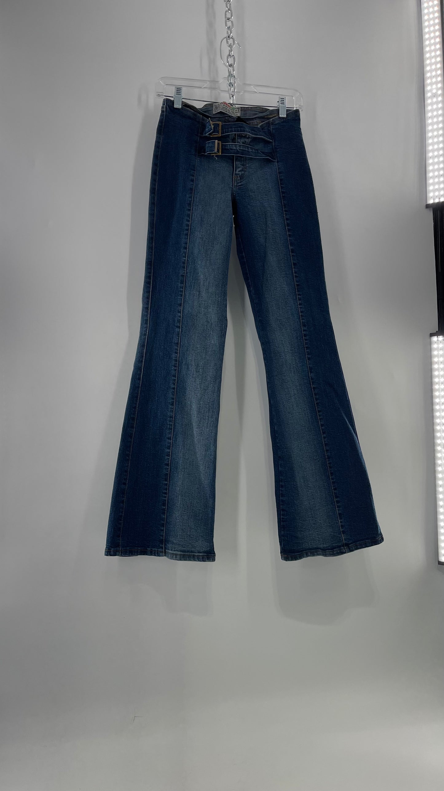 Vintage NewMax Two Toned Paneled Brazilian Jeans with Buckle Jean Strap Closure and Flared Hem (8)