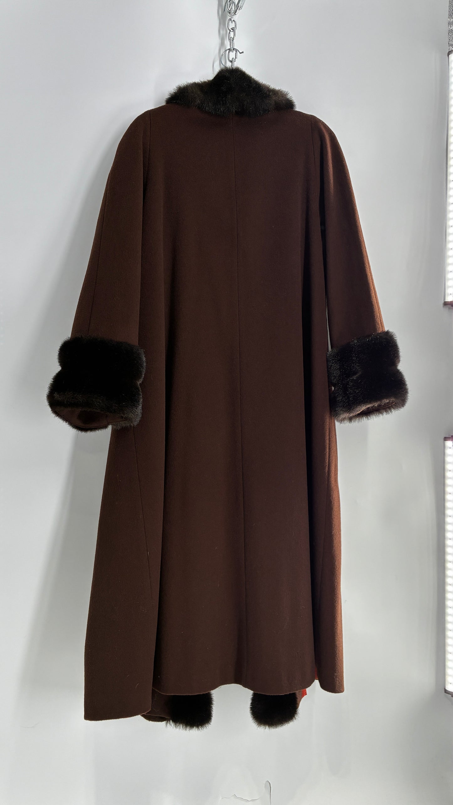 Vintage ALORNA Brown 75% Wool Duster, Full Length Coat with Vegan Fur Pom Pom Trim (12)