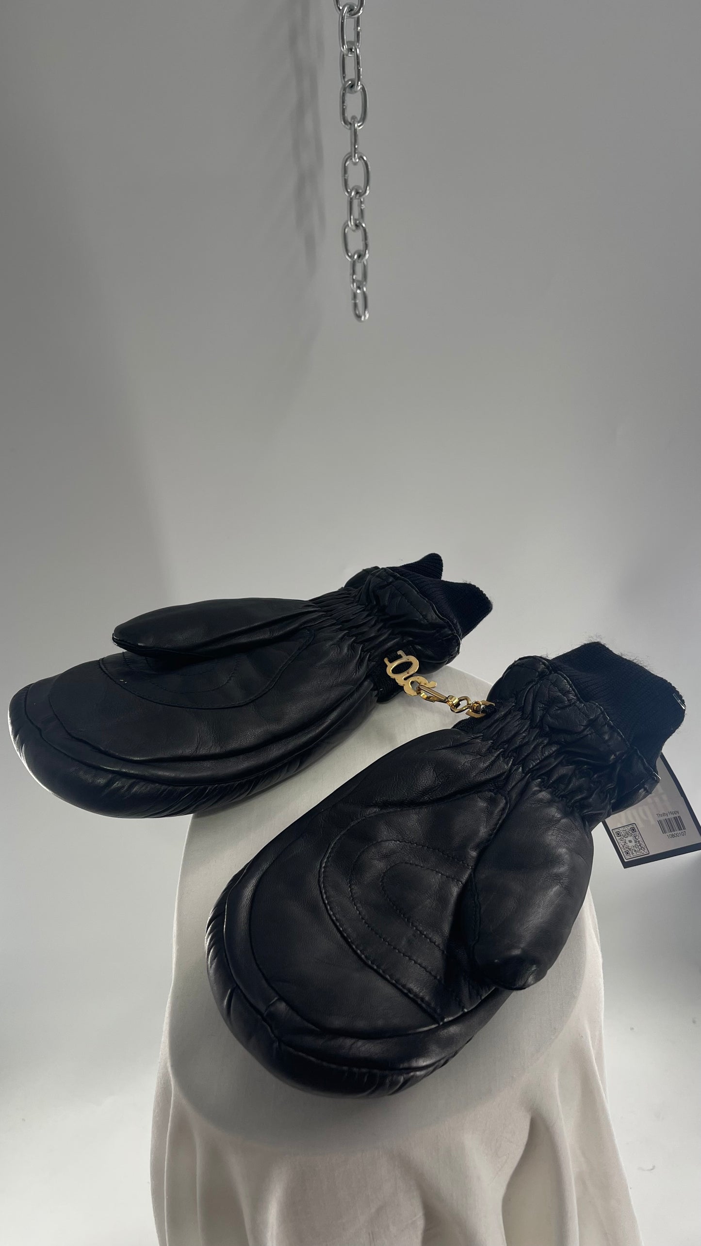 Grandoe Black Leather Mittens with Branding and Gold Logo Link