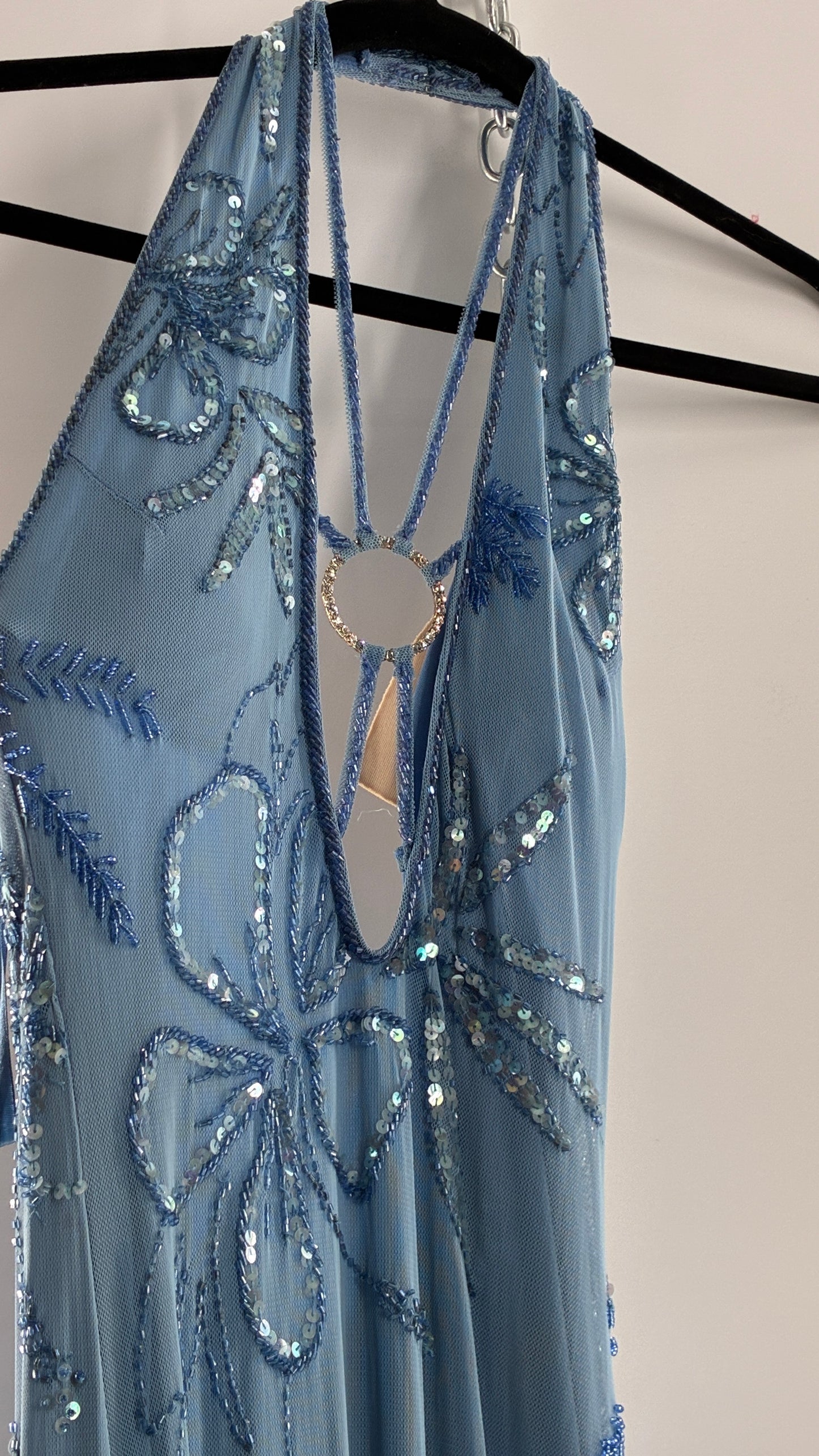 Vintage 1990s Powder Blue Gown Covered in Beaded Appliqué Tropical Designs with Strappy Bust and Low, Open Back (S/M, stretchy no size marked)