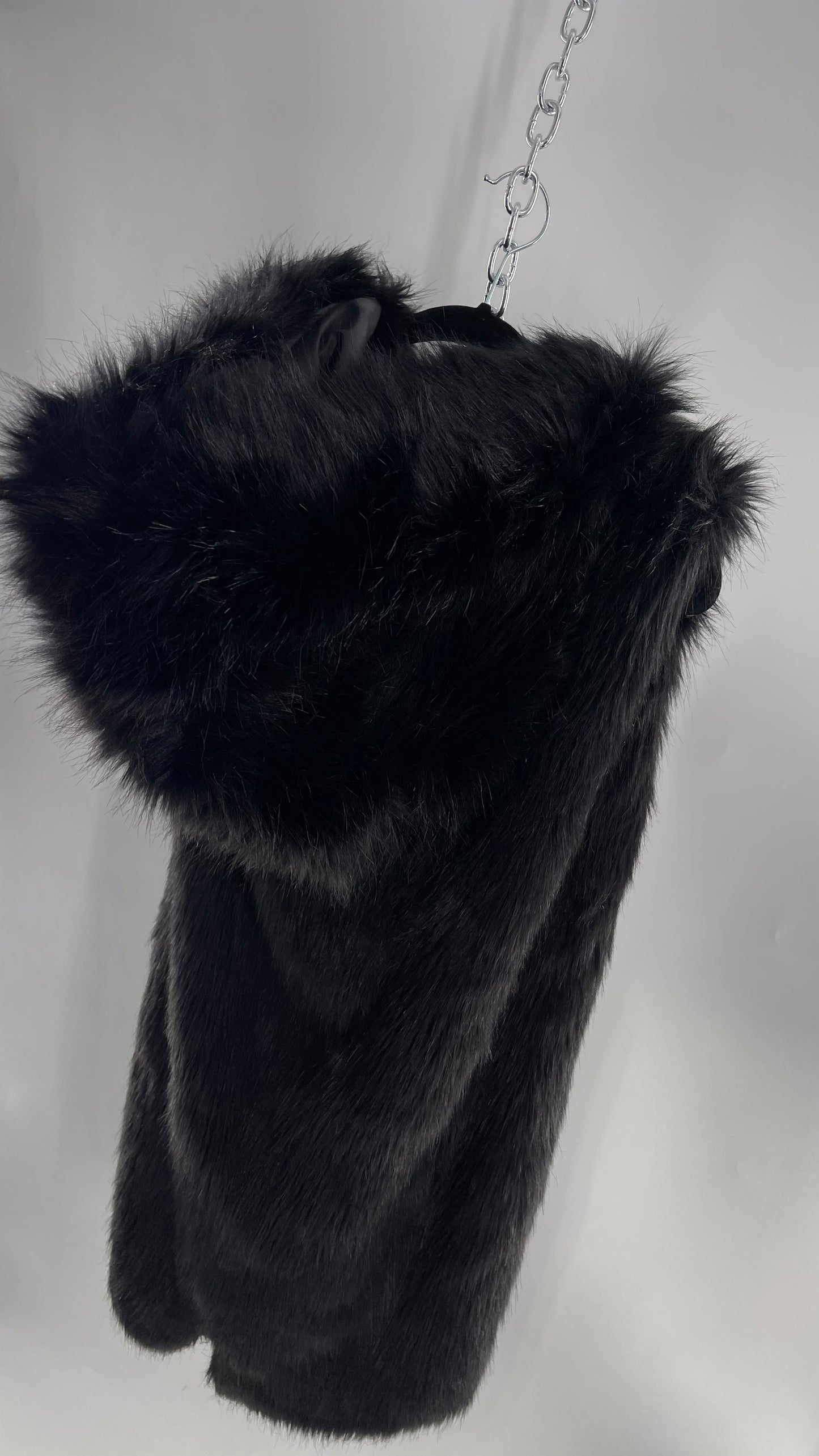 Full Length Black Fuzzy Sleeveless Vest with Oversized Hood (Medium)