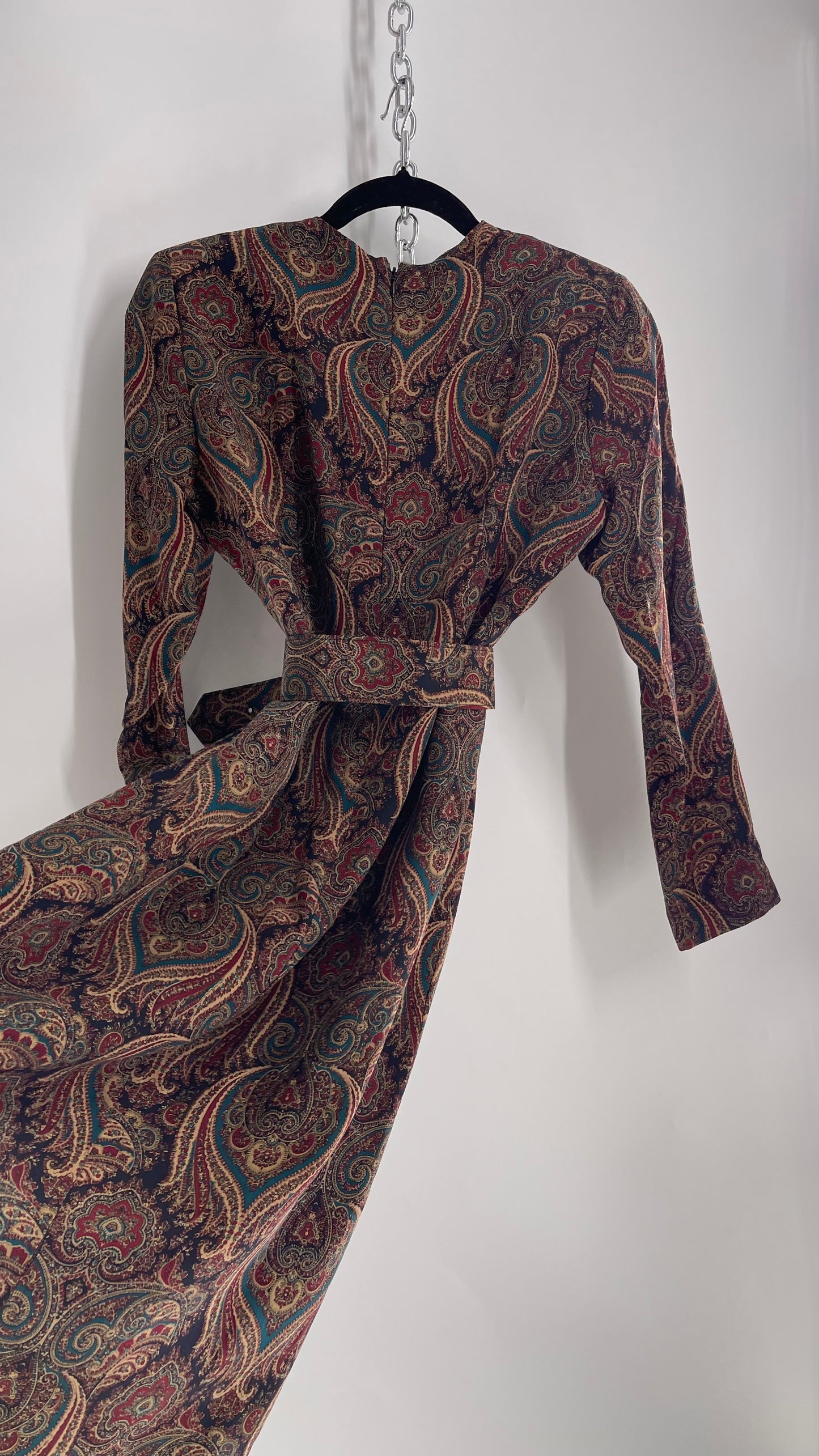 Vintage 100% Silk Paisley Belted Dress with Cowl Neckline (8)