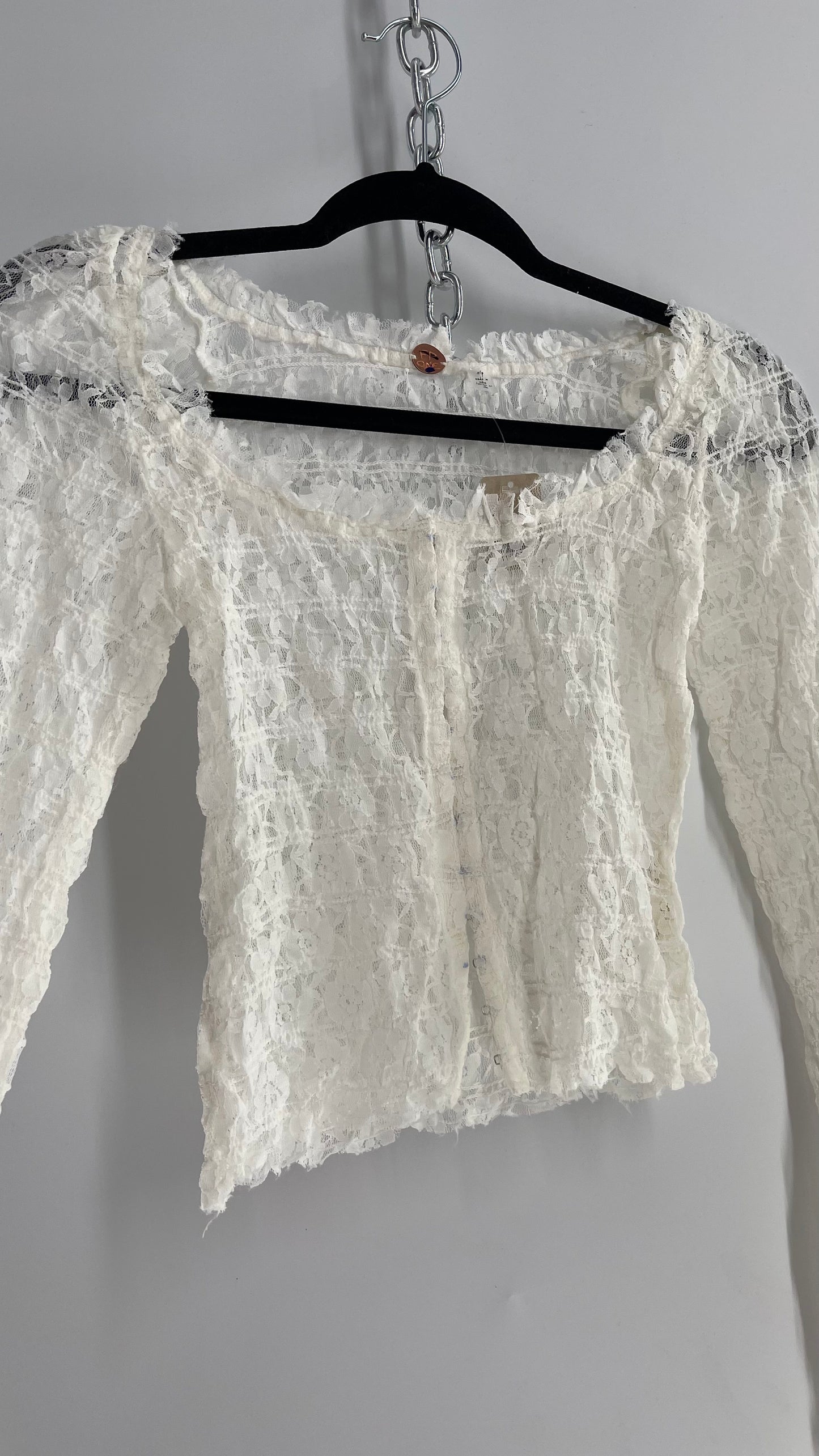 Free People White Smocked Lace Long Sleeve with Eyelet Closure (Small)