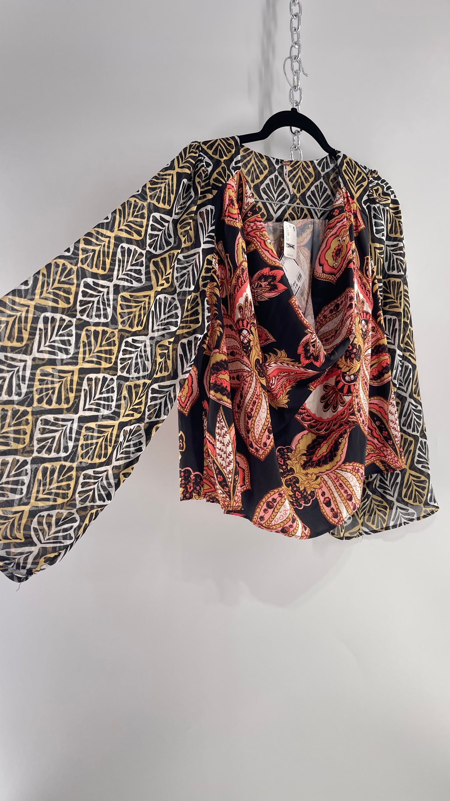 Free People Paisley Bodice Blouse with Sheer Contrast Sleeves, Draping Neckline and Tags Attached (Small)
