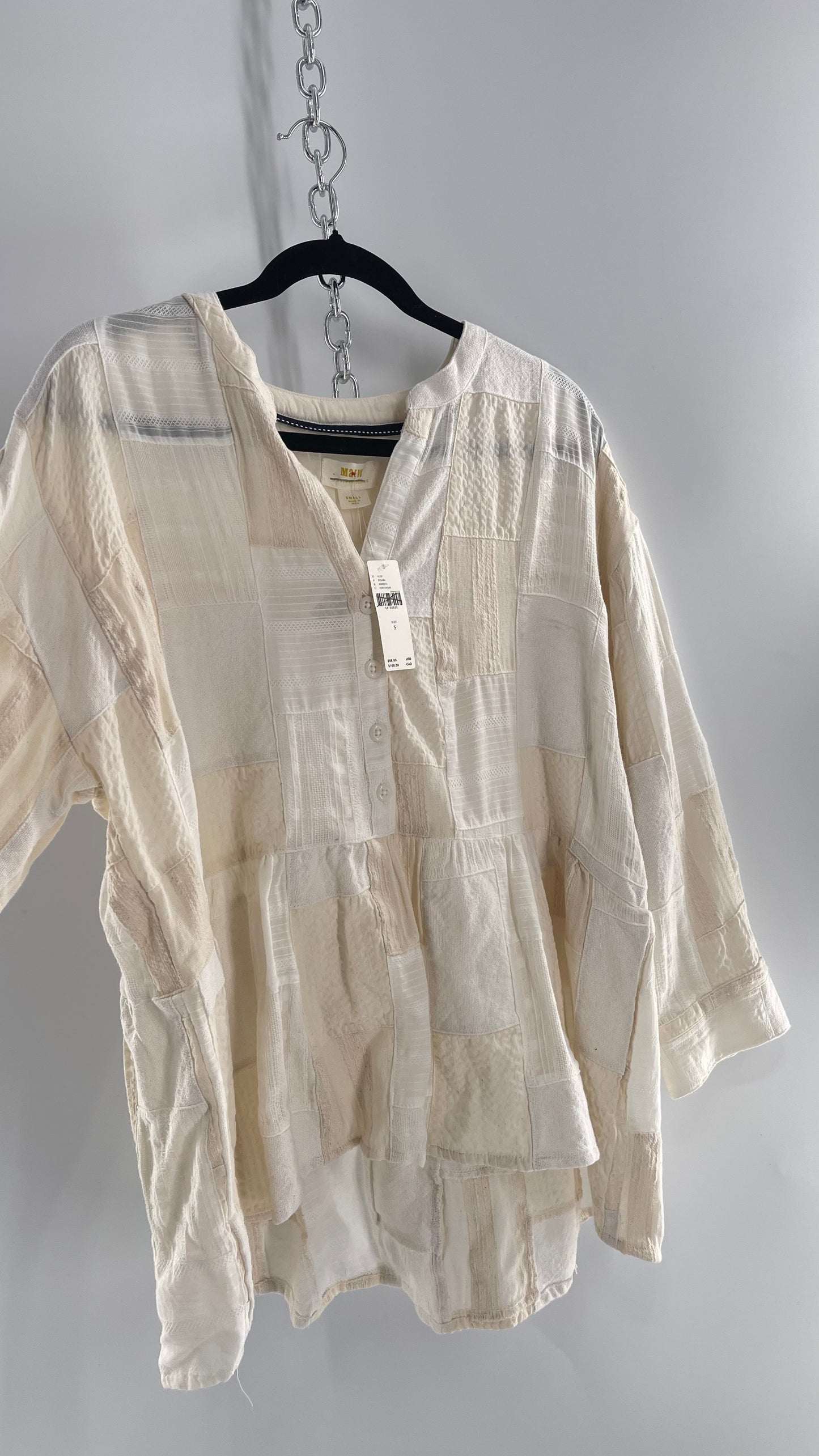 Anthropologie Patchwork Off White Voluminous Blouse with Tags Attached (Small)