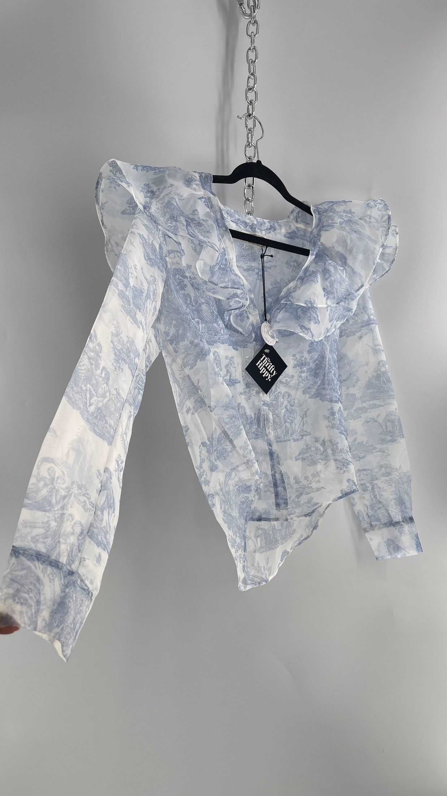 Laura Ashley Urban Outfitters Voile Sheer Ruffled Shoulder Button Up with Blue Vintage Print (XS)
