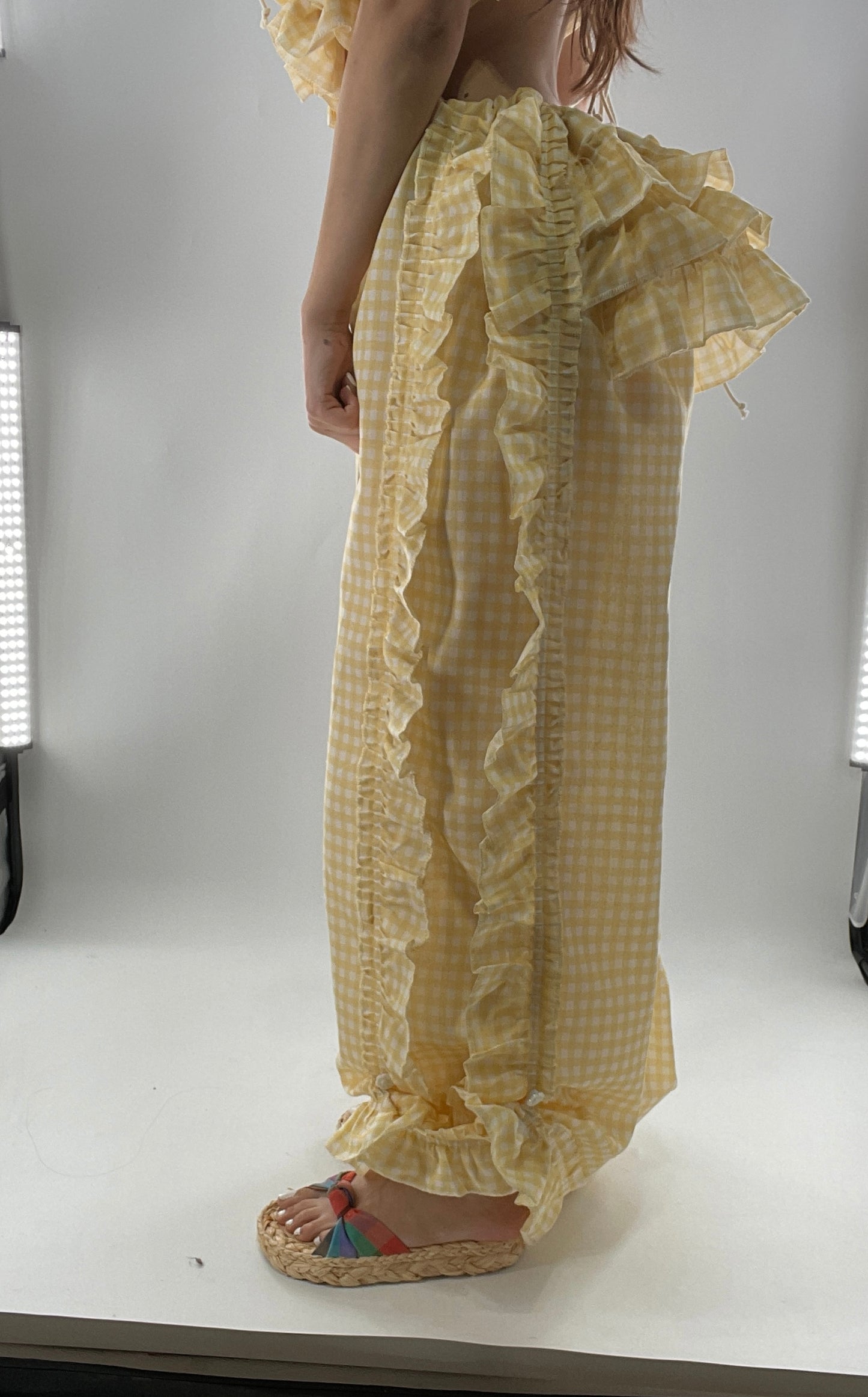 Vintage 2 Piece Yellow Checkered/Gingham Patterned Picnic Set with Ruched Bust Top and Ruffle Side Wide Legs with Adjustable Length, Strap Up Buttons on Hem (One Size)
