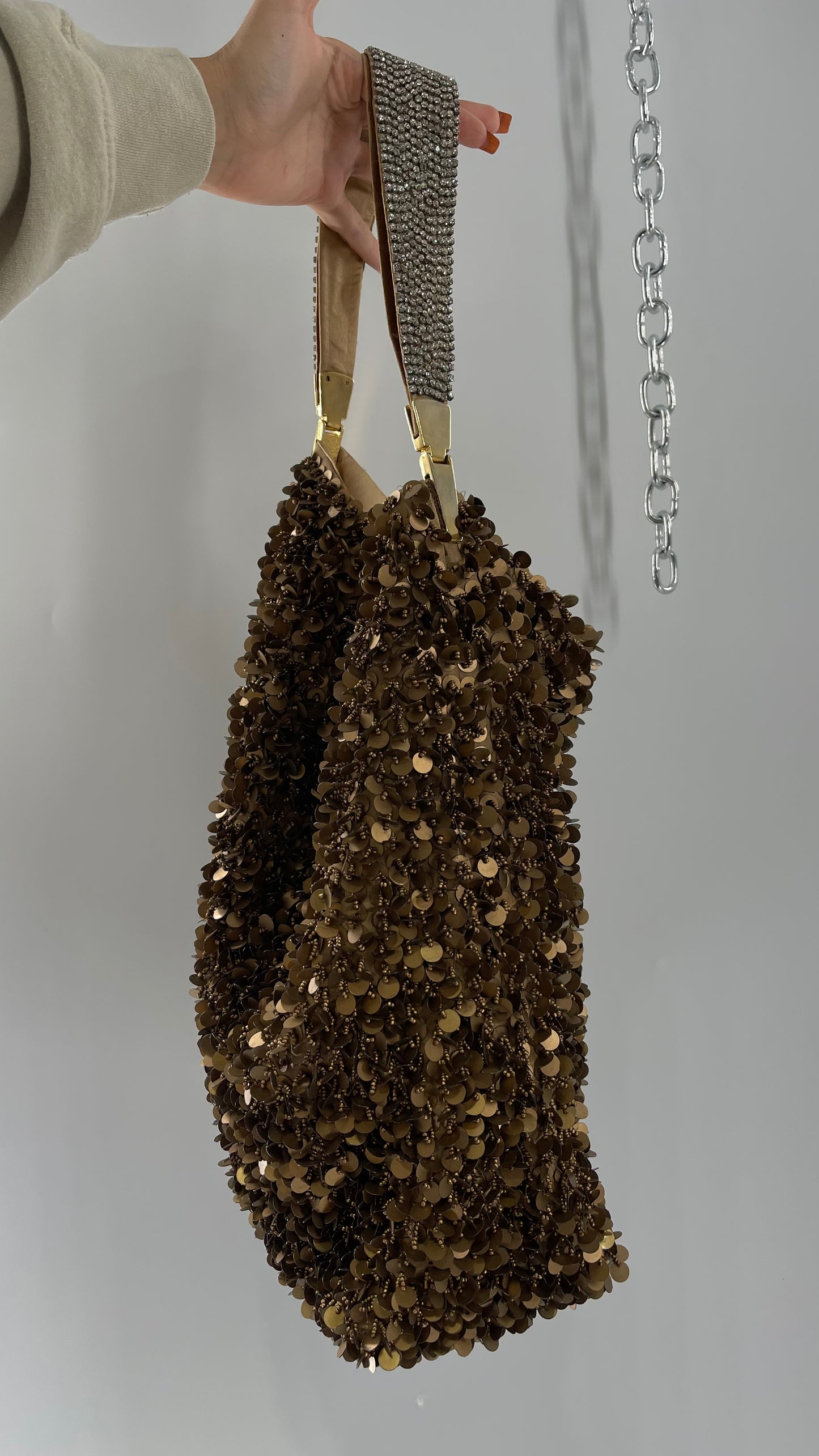 Deadstock The Find Marvelous Bronze Beaded Sequin Tote Bag with Gemstone Strap
