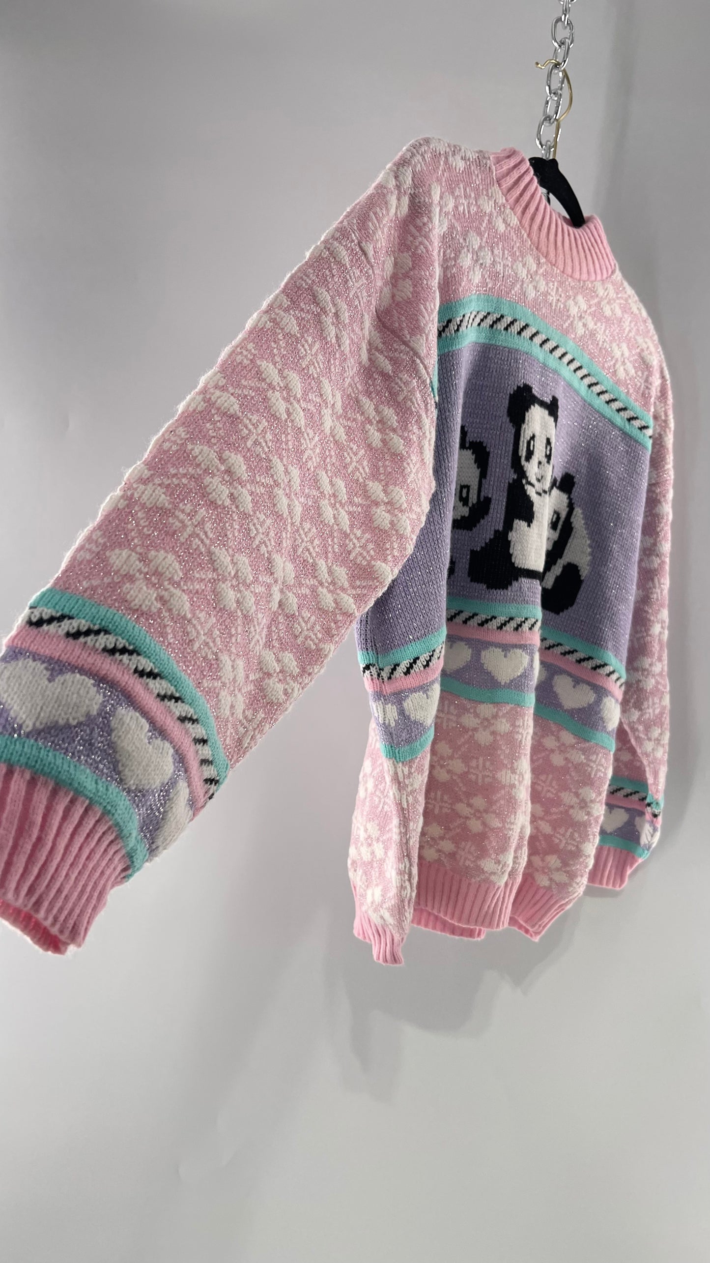 RARE 80s Vintage Adele Pastel Pink, Purple, Mint Silver Tinsel Sweater with Anime/Manga Art Style Pandas (Medium)
