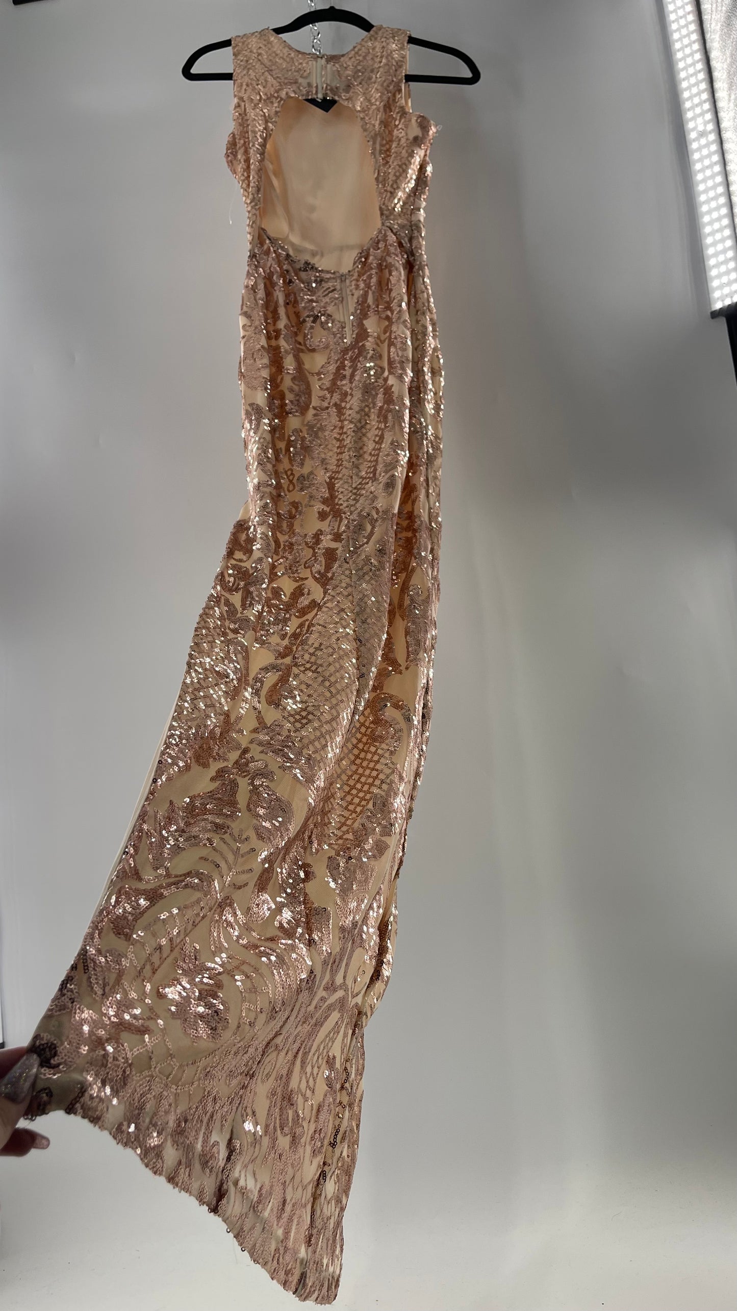 Windsor Rose Gold Sequin Maxi Dress with Side Slit Detail and Open Back (Small)