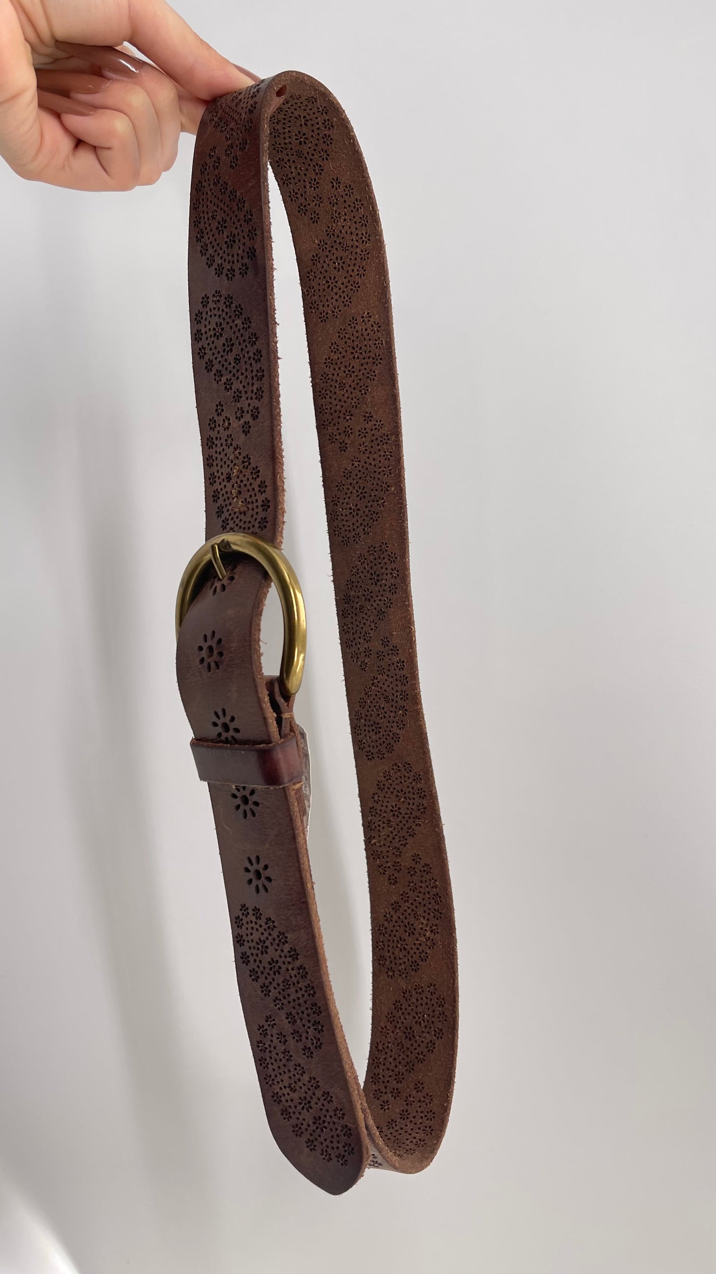 Vintage Lucky Brand Brown Leather Perforated Paisley Belt (Medium)