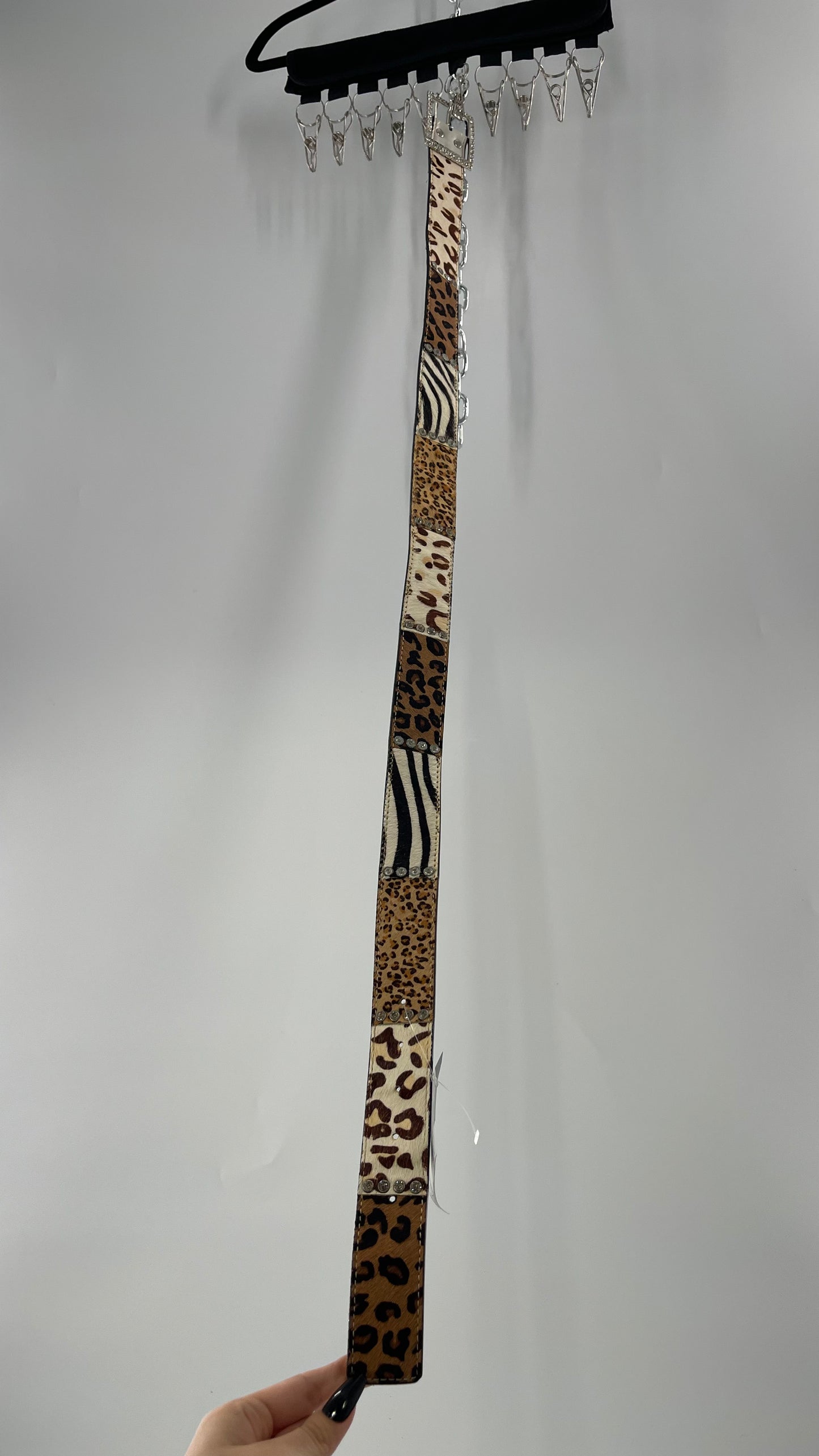 Vintage Pony Fur Animal Print Patchwork Belt with Rhinestone Buckle and Embellishments (Medium)