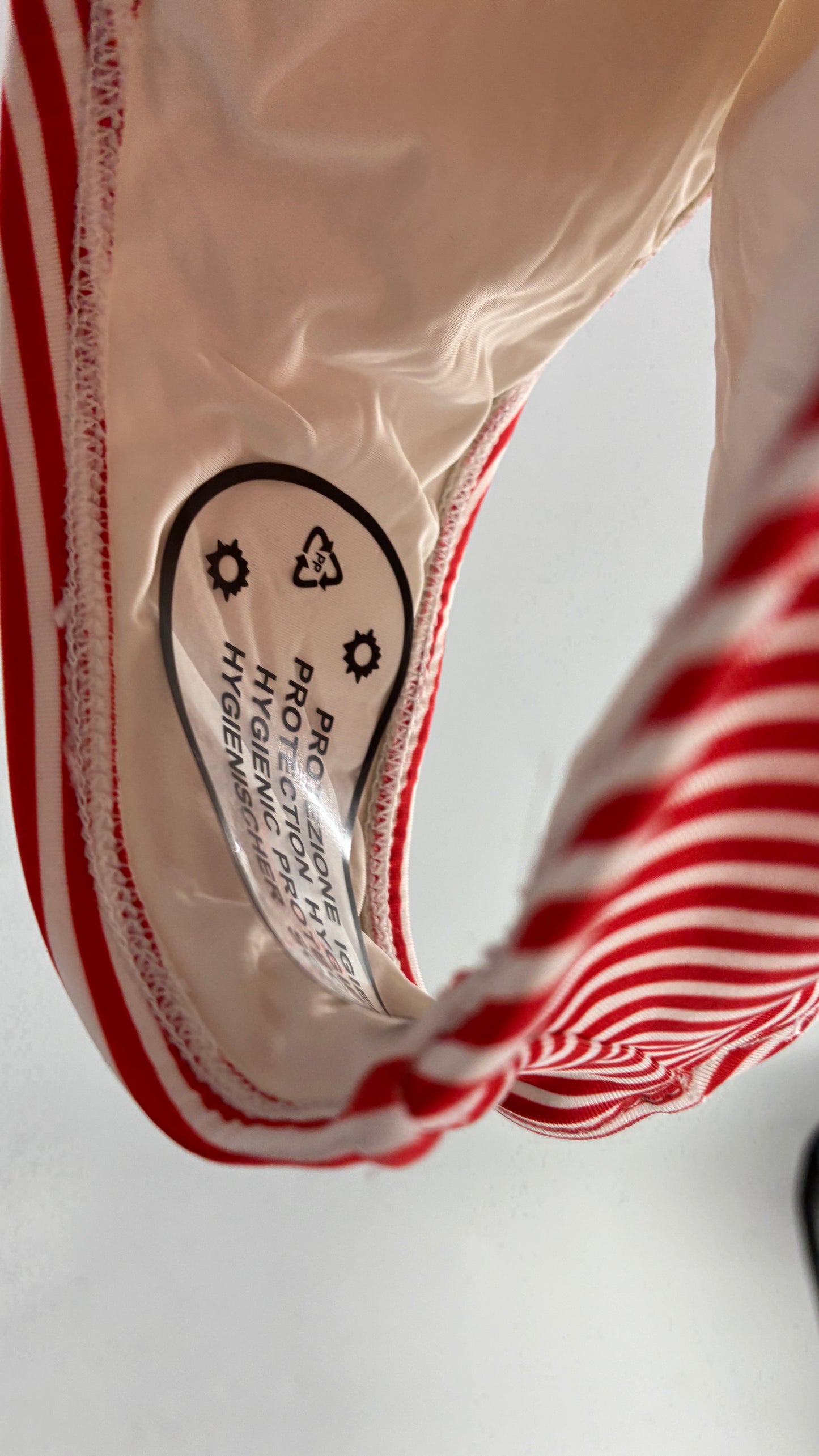 ALLIHOP Anthropologie Red and White Retro Thick Striped and Polka Dotted Bikini with Open Criss Cross Back (Small)