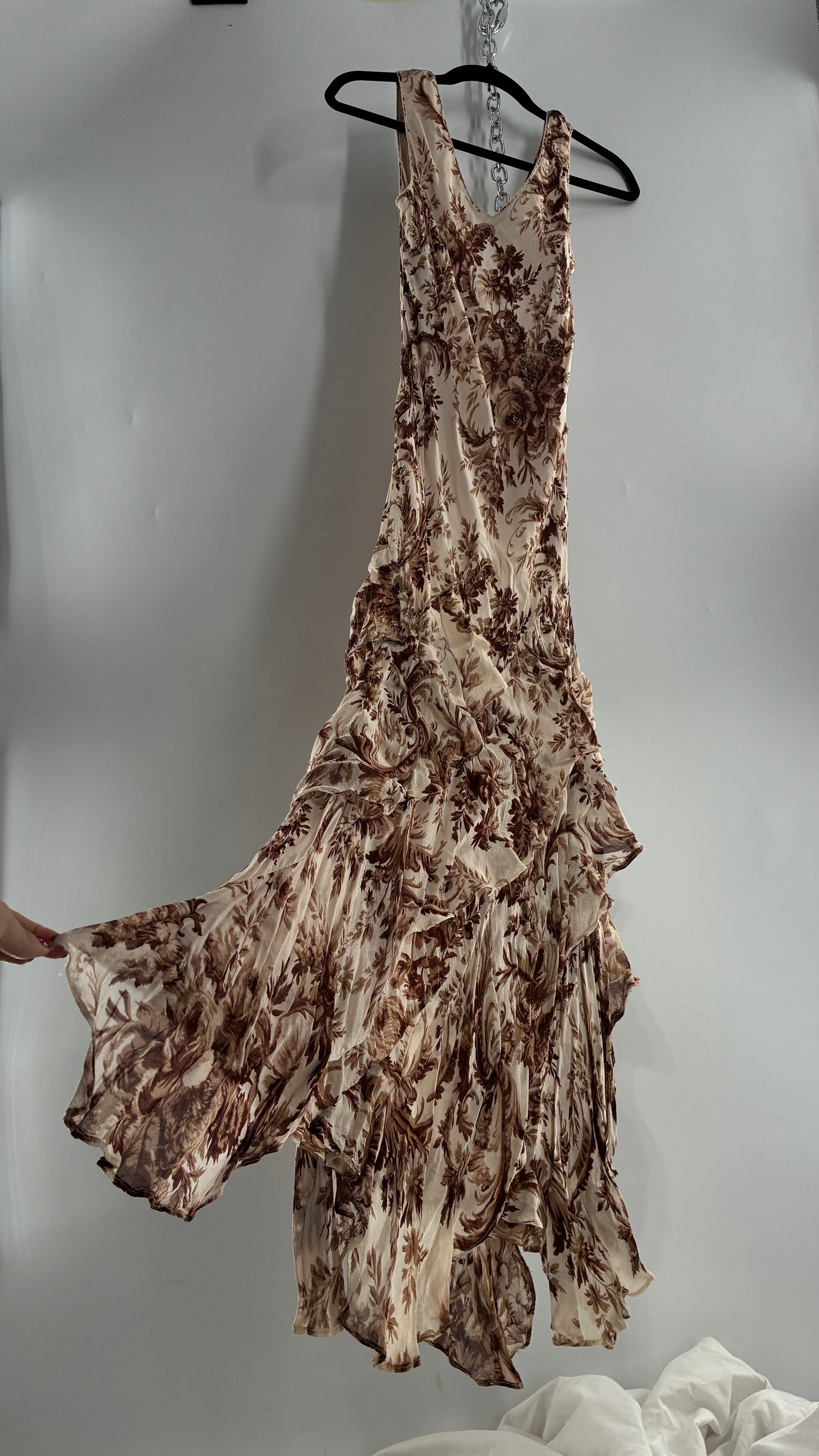 Vintage MAJICK 1990s Brown Floral, Asymmetric Ruffled Hem Gown with Embroidered Sequin Details (Medium)