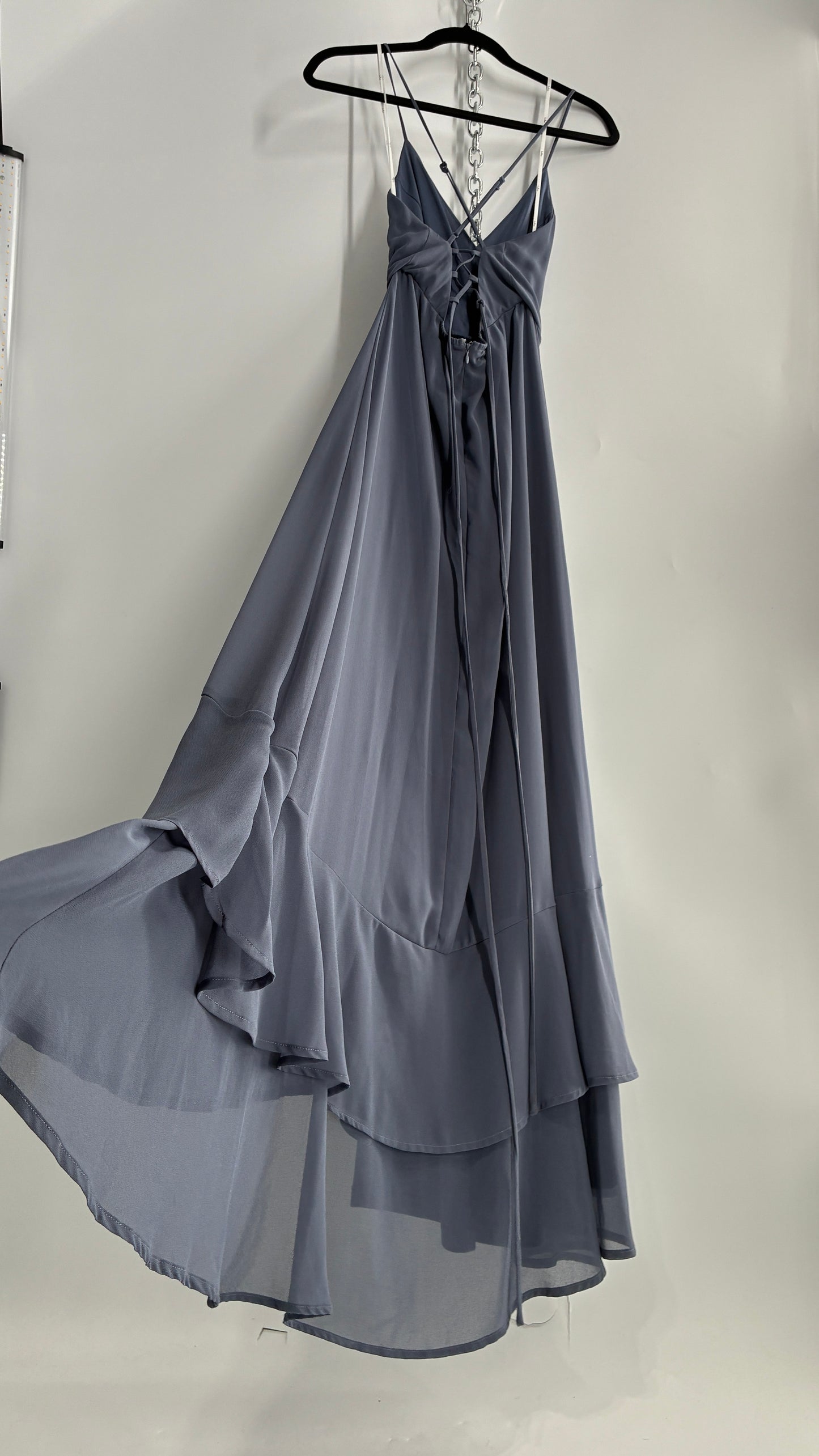 Lulus Greyish Blue Full Length Dress with Tie Up Back and Ruffled Hem (S)