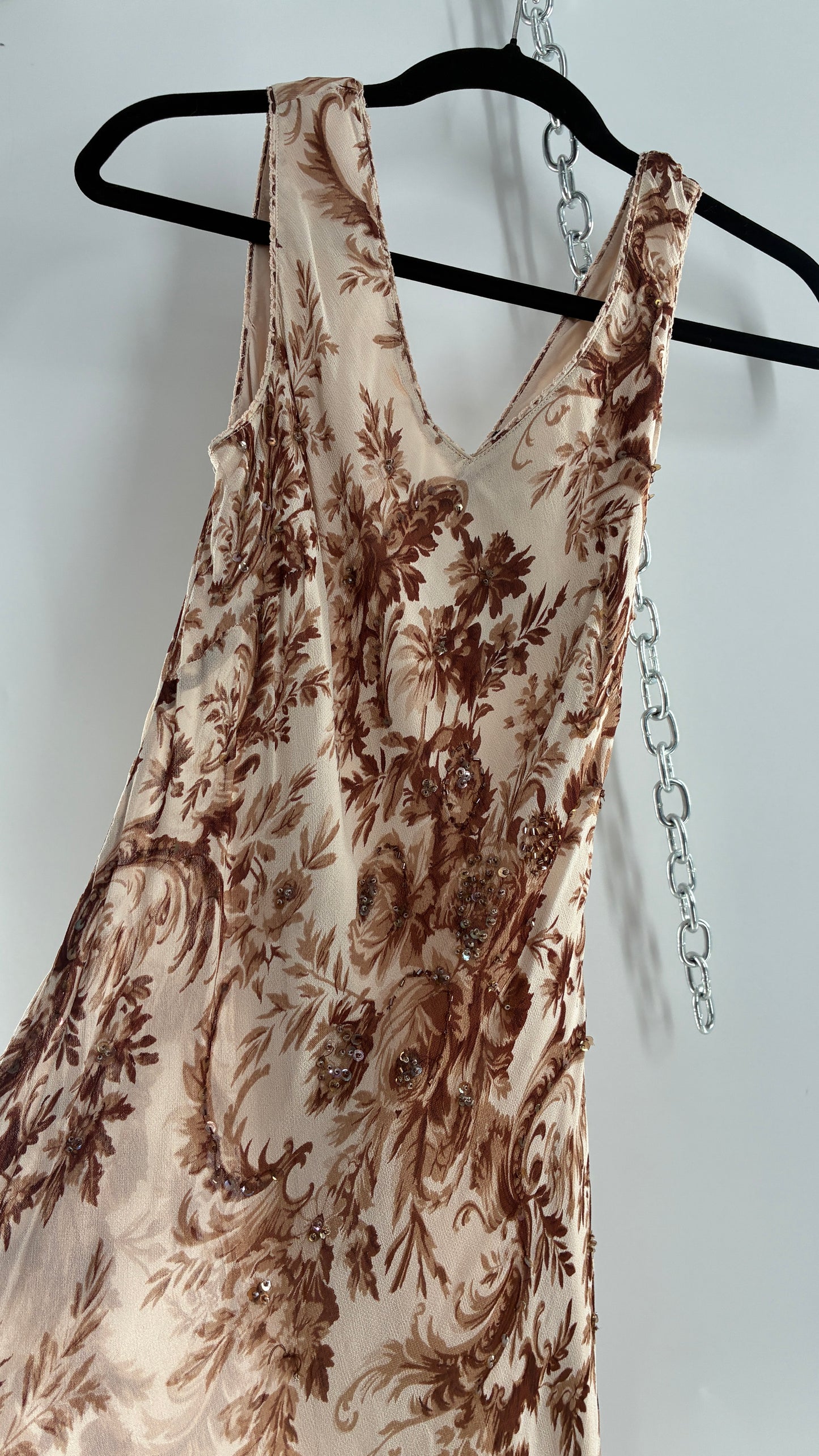 Vintage MAJICK 1990s Brown Floral, Asymmetric Ruffled Hem Gown with Embroidered Sequin Details (Medium)