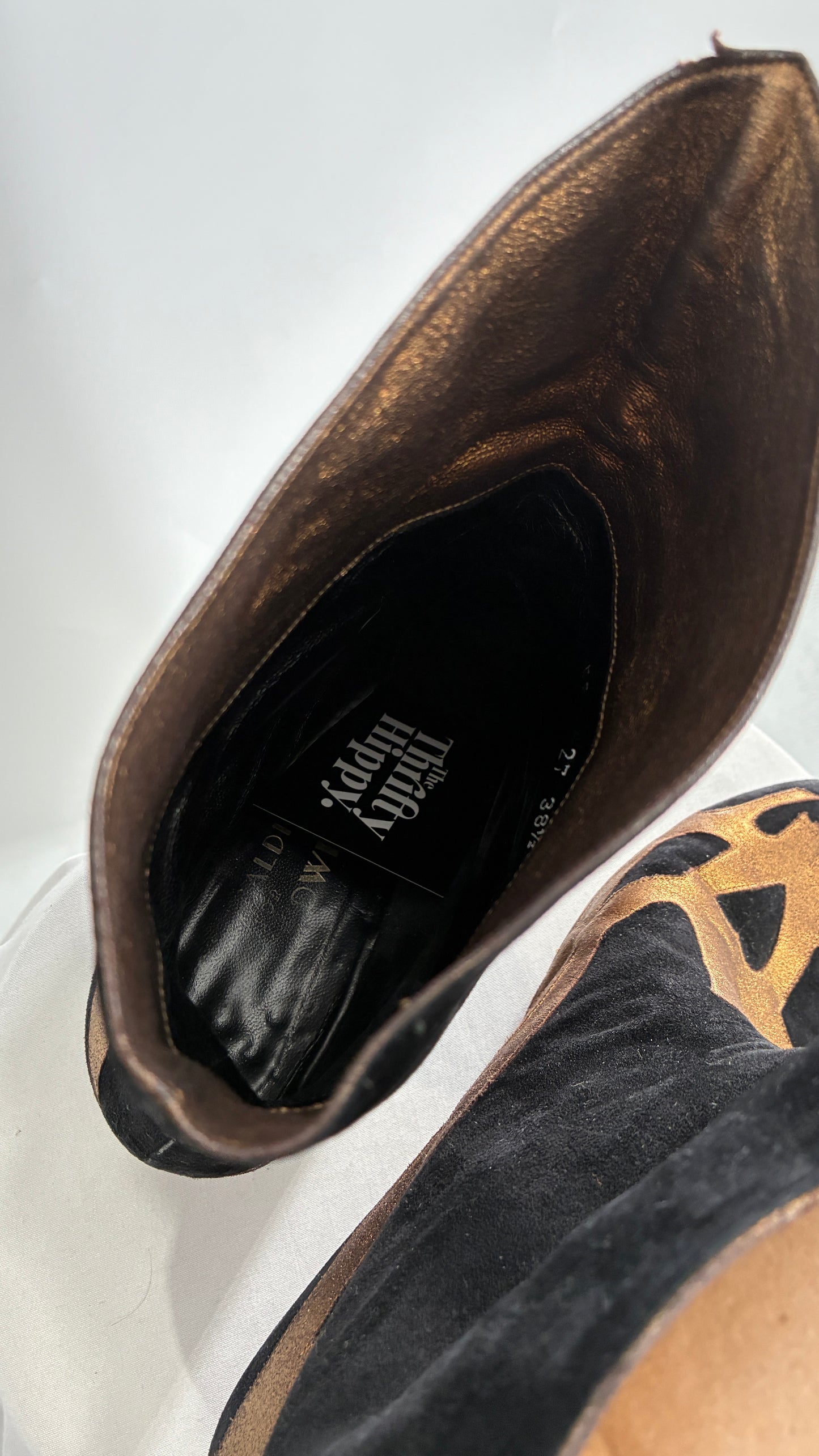 Vintage 1960s Pancaldi for MARLOWE Black Suede Gold/Bronze Appliqué Patchwork Pointed Toe Boot (38.5)