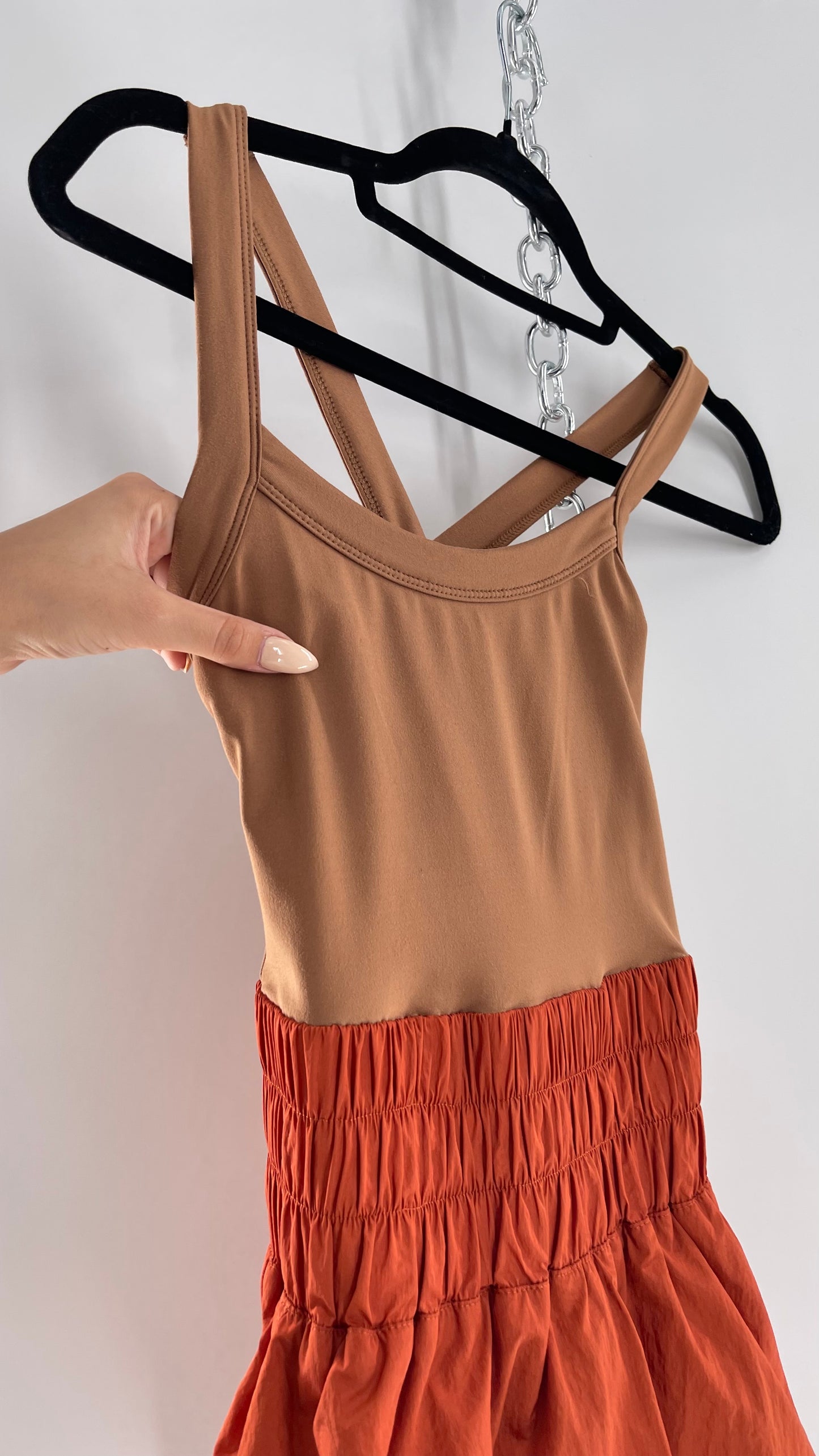 Free People Movement Tan Jumpsuit with Burnt Orange Parachute Shorts (XS)