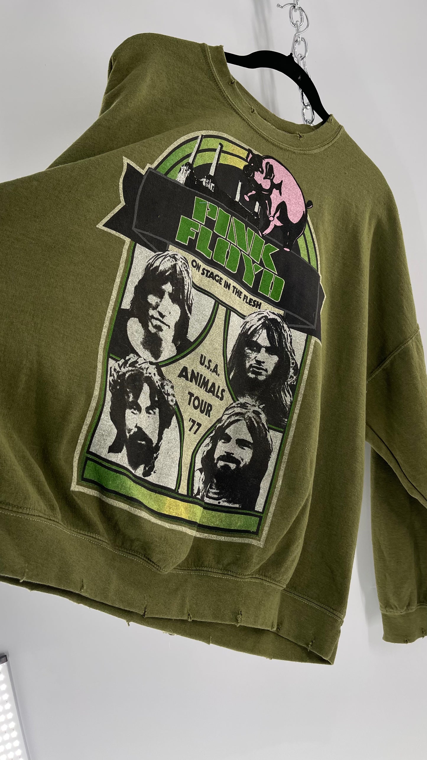 Vintage Green Graphic Pink Floyd Crewneck Knits with Distressed Neckline and Hems (L/XL)