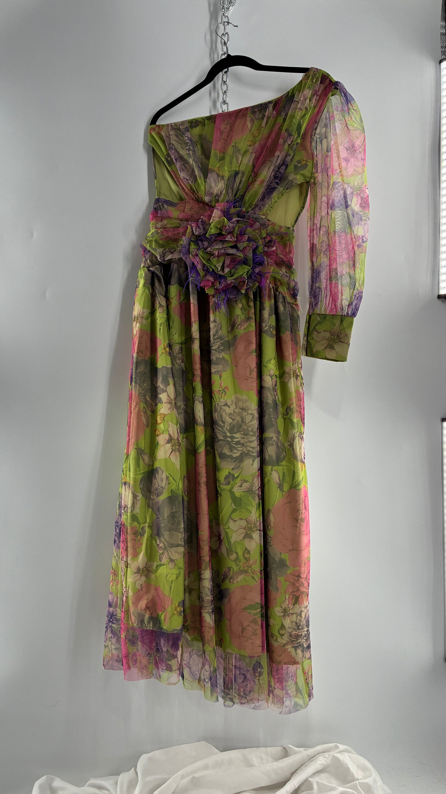 Vintage Open Waist Gown with Oversized Feathered Appliqué Rosette (Large)