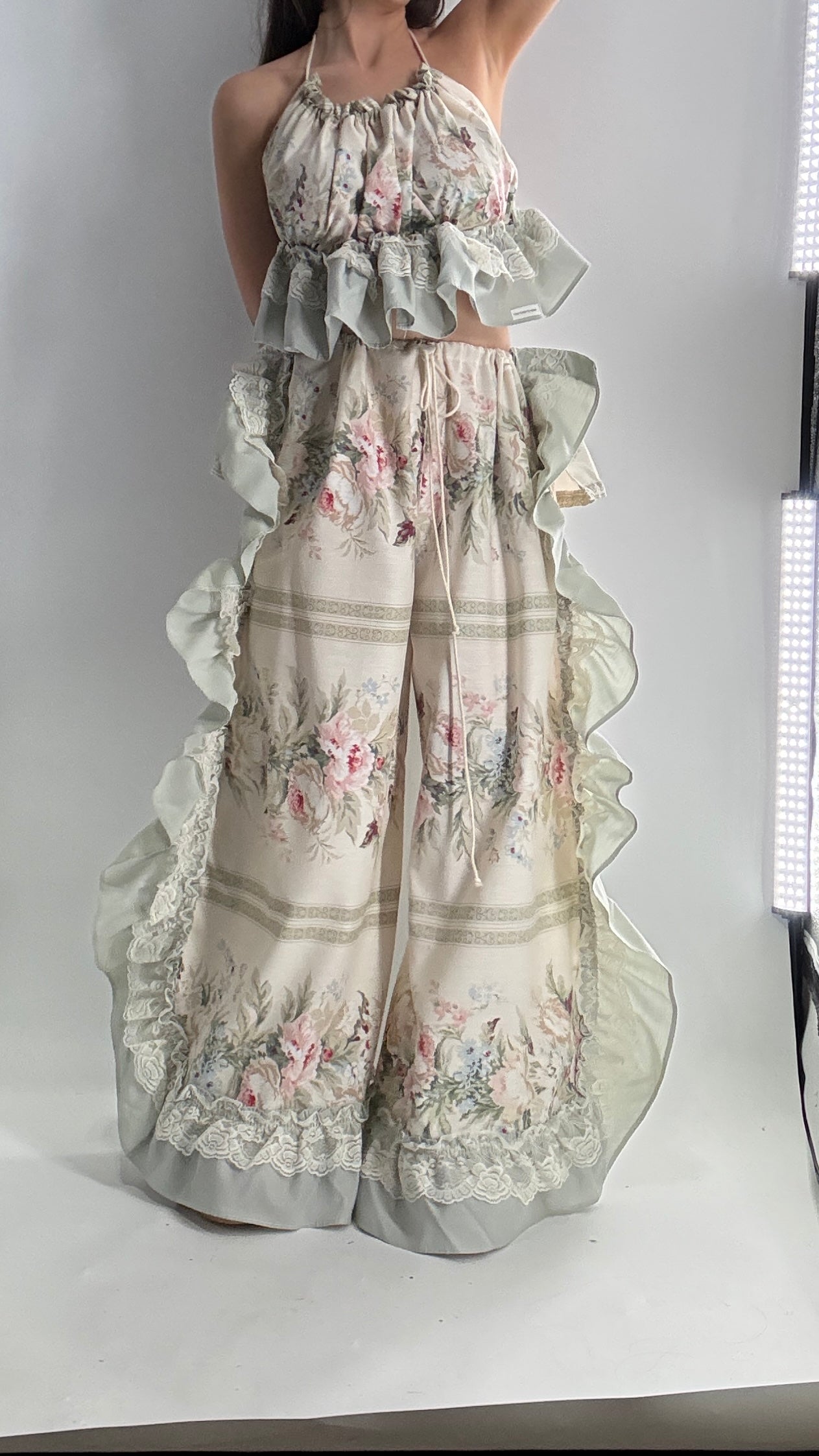 Handmade Vintage Muted Florals Two Piece Set with Adjustable Waist and Bust Lines (XS-XL)