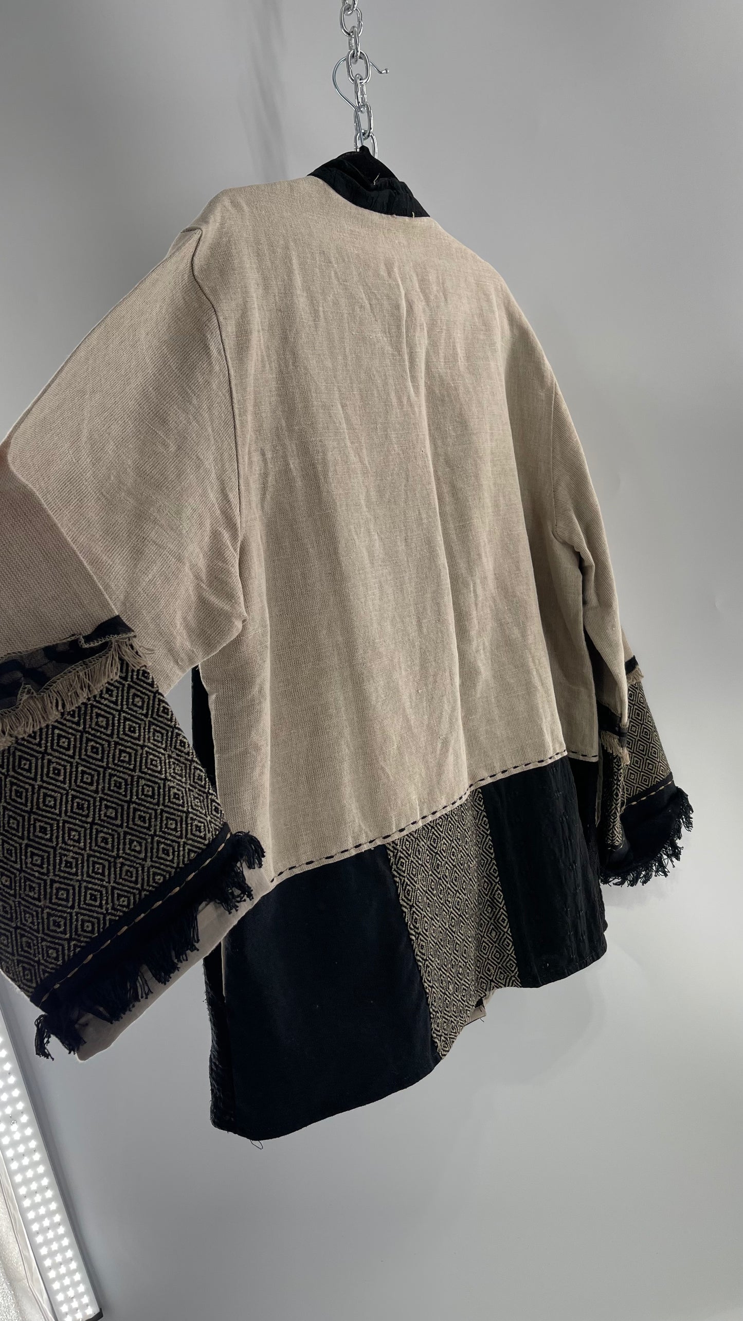 Deadstock Vintage Flashback Patchwork Coat with Mixed Neutral Fabrics, Embroidery and Fringe Details (Large)