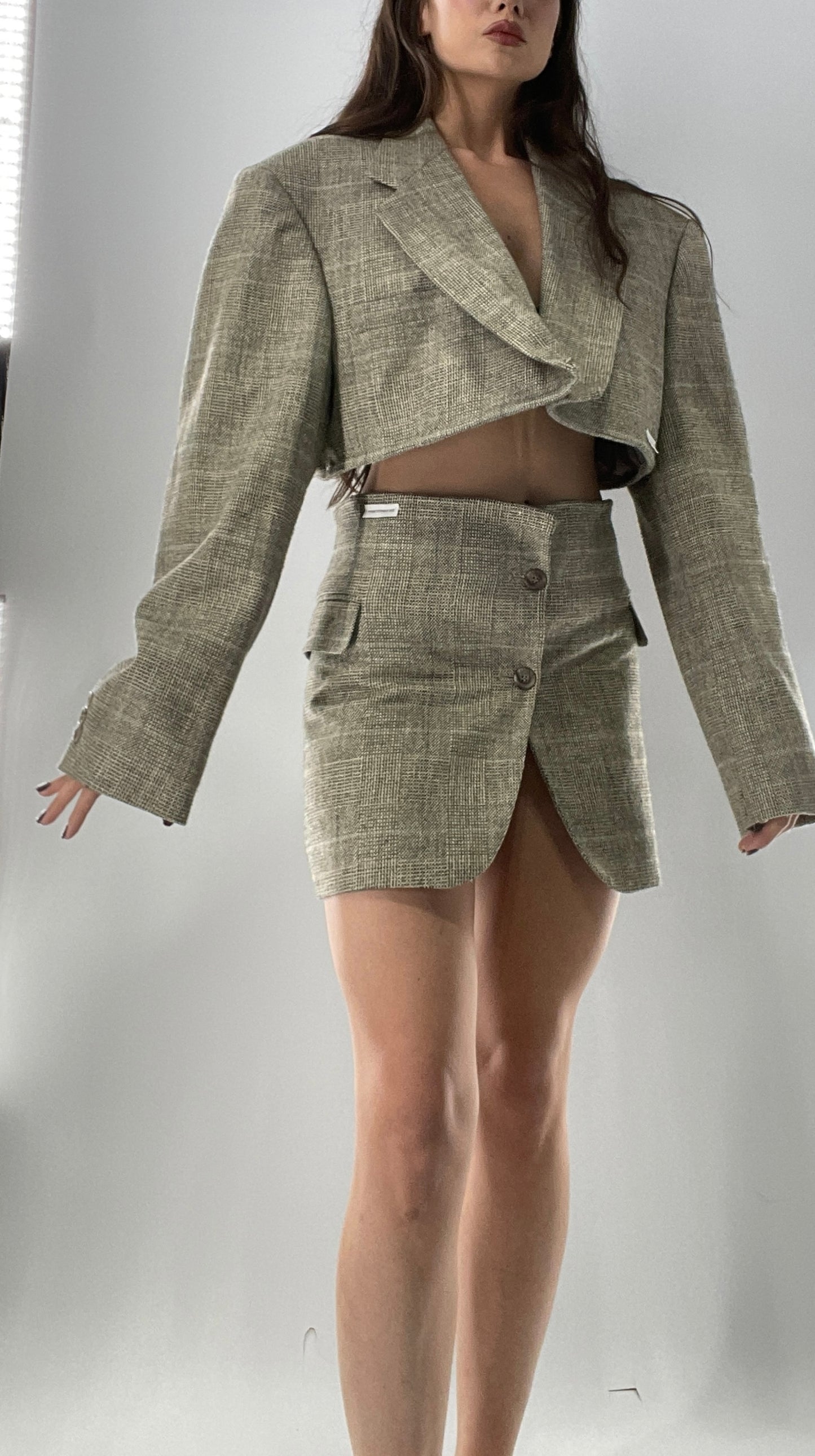 Vintage HAGGAR Handmade Upcycled Suit Set: 70% Wool Grey Blazer and Mini Skirt